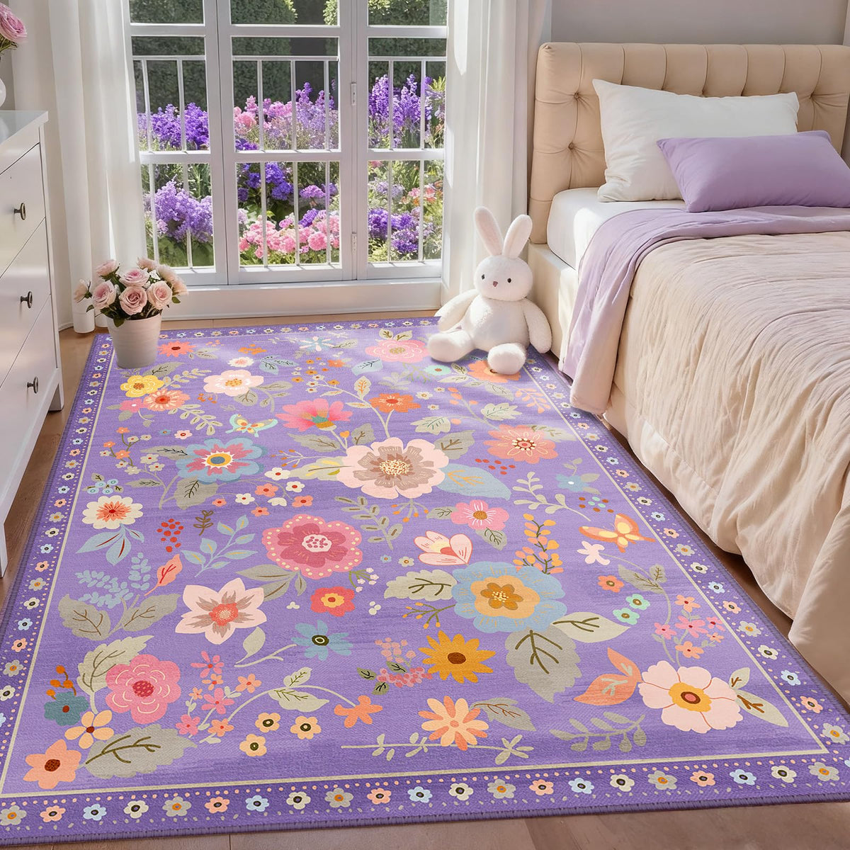 RELEANY Floral Washable 5x7 Area Rugs Black