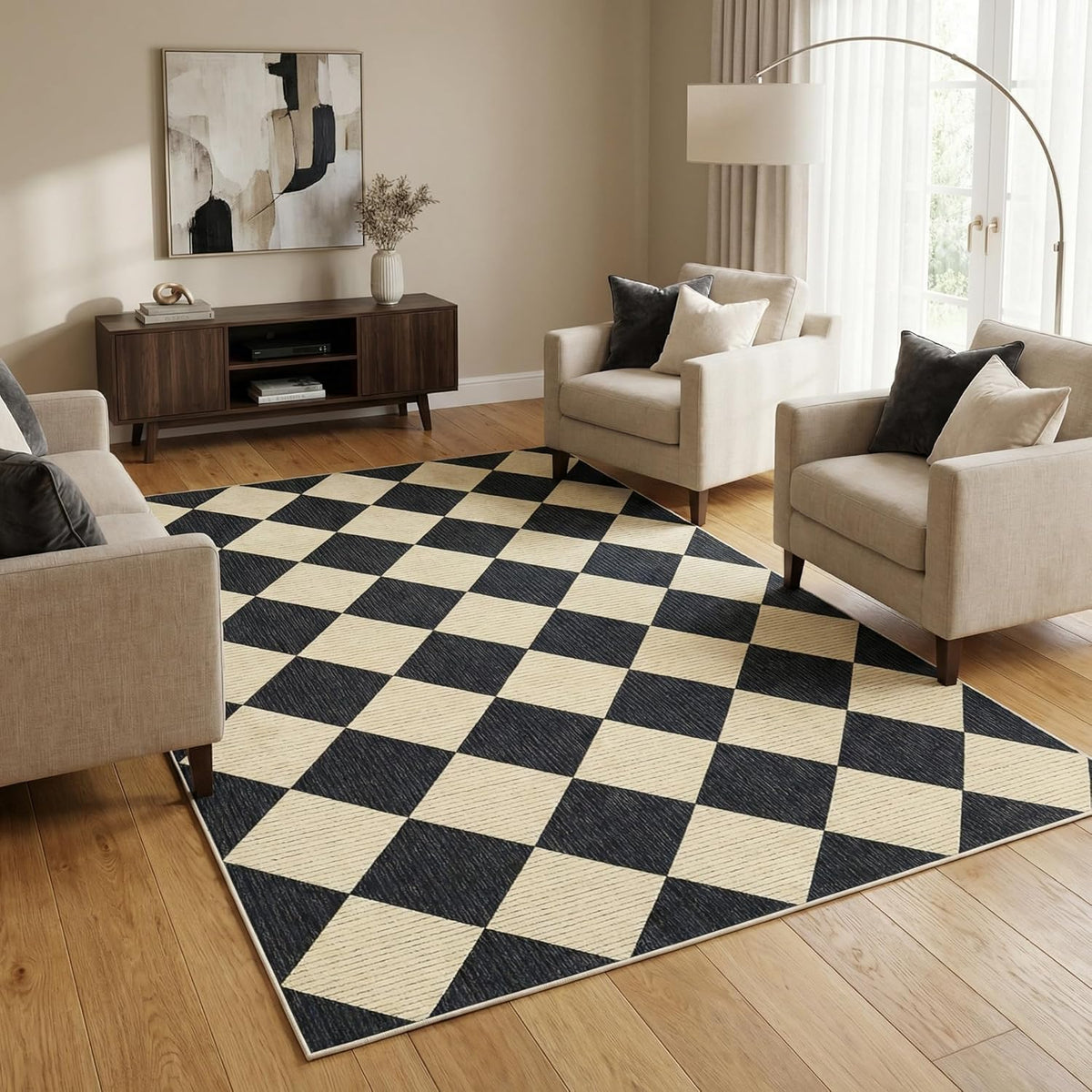 GarveeHome 5x7 Checkered Area Rug Black and Brown Washable Living Room Rug