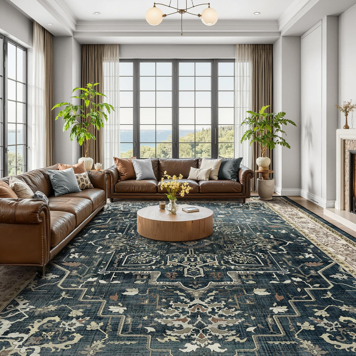 Vintage Distressed 5x7 Area Rugs for Living Room Bedroom Non Slip Washable, Medallion Pattern Printed Low Pile Thin Carpet Rugs for Dining Room/Kitchen/Home Office, Multi Brown Olive Accents