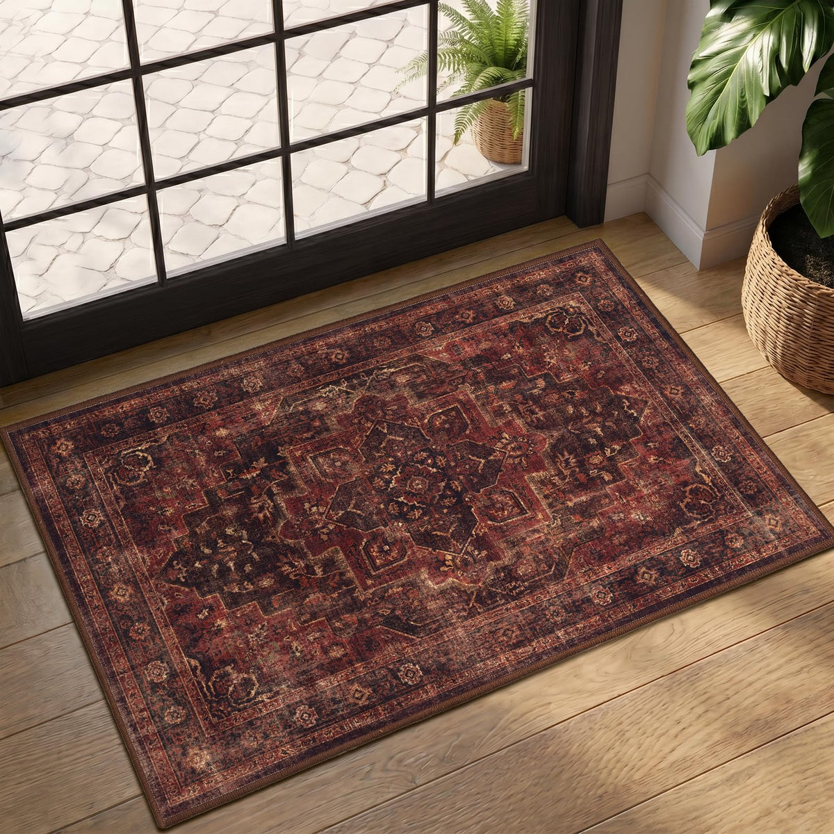 Vintage Distressed 5x7 Area Rugs for Living Room Bedroom Non Slip Washable, Medallion Pattern Printed Low Pile Thin Carpet Rugs for Dining Room/Kitchen/Home Office, Multi Brown Olive Accents