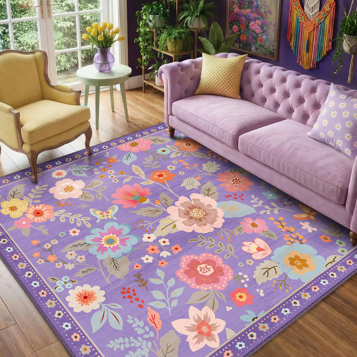 RELEANY Floral Washable 5x7 Area Rugs Black