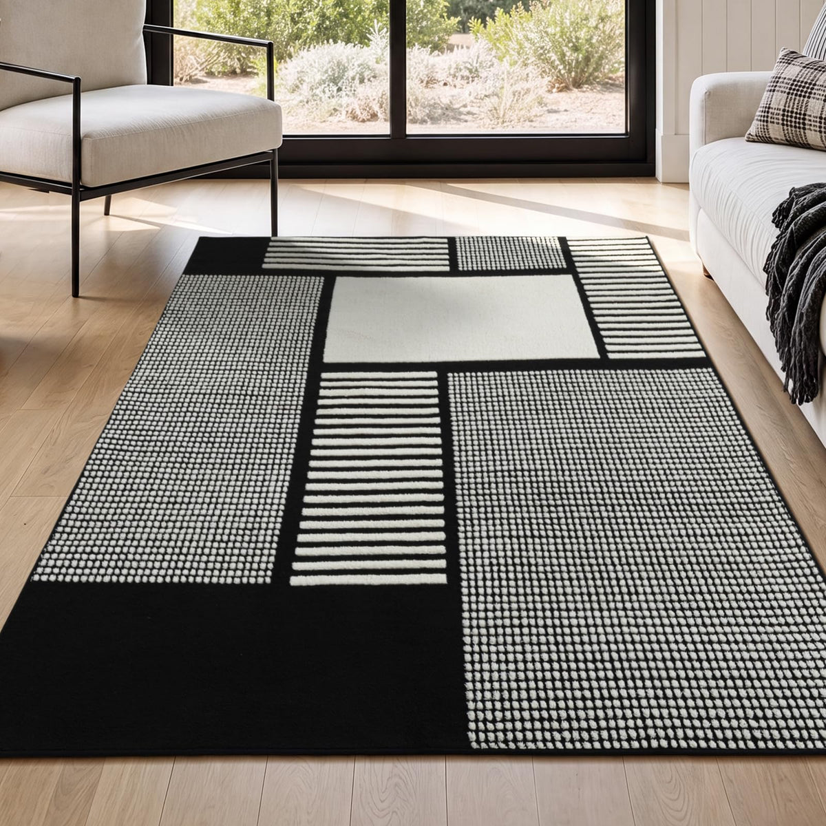 YIHOUSE 5x7 Black and White Area Rug, Washable Non Slip Living Room Carpet