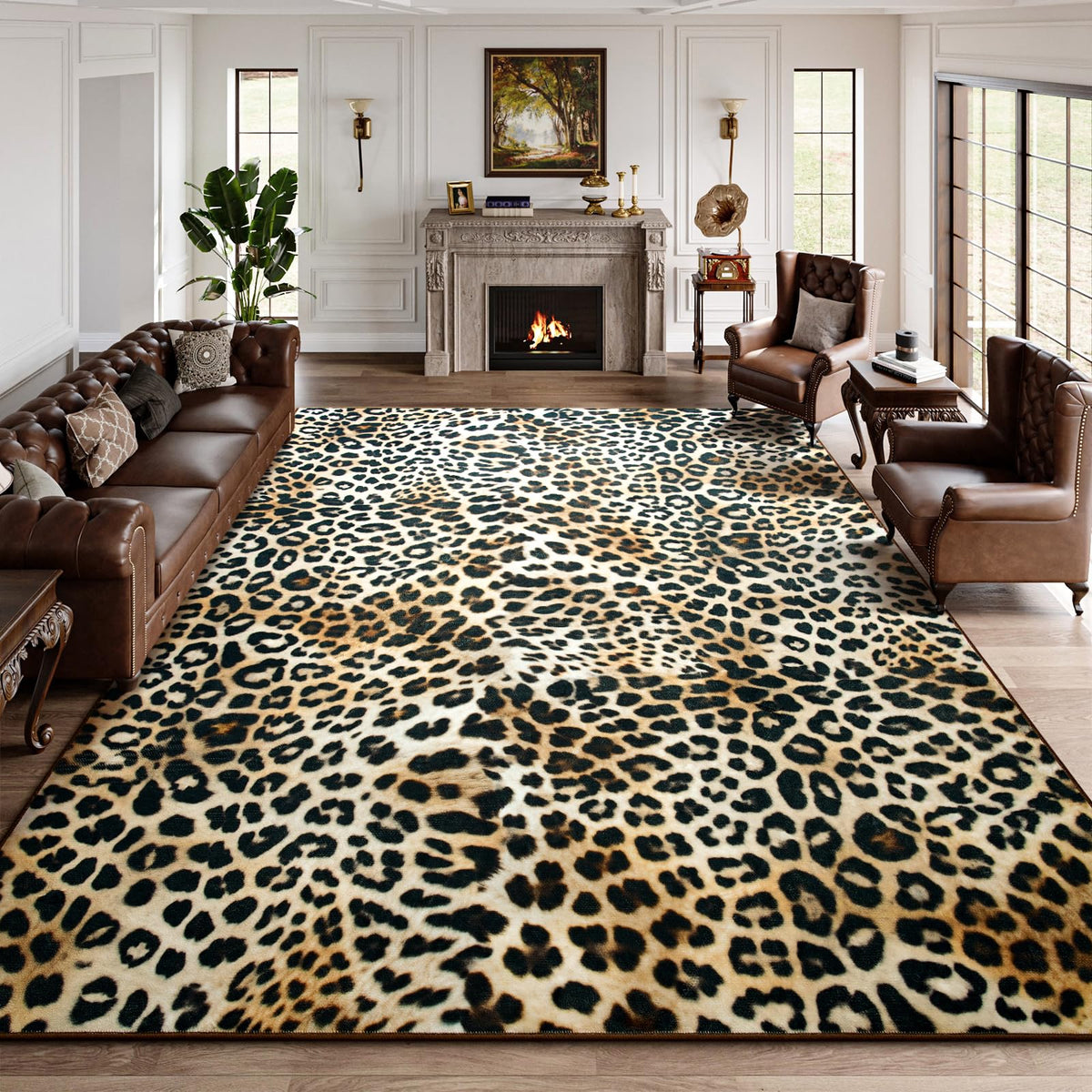 DweIke Leopard Rugs for Living Room, 6x9 Cheetah Print Rug for Bedroom Decor, Washable Non-Slip Stain Resistant Faux Animal Throw Carpet for Dining Room Office Western Home, Dark Brown