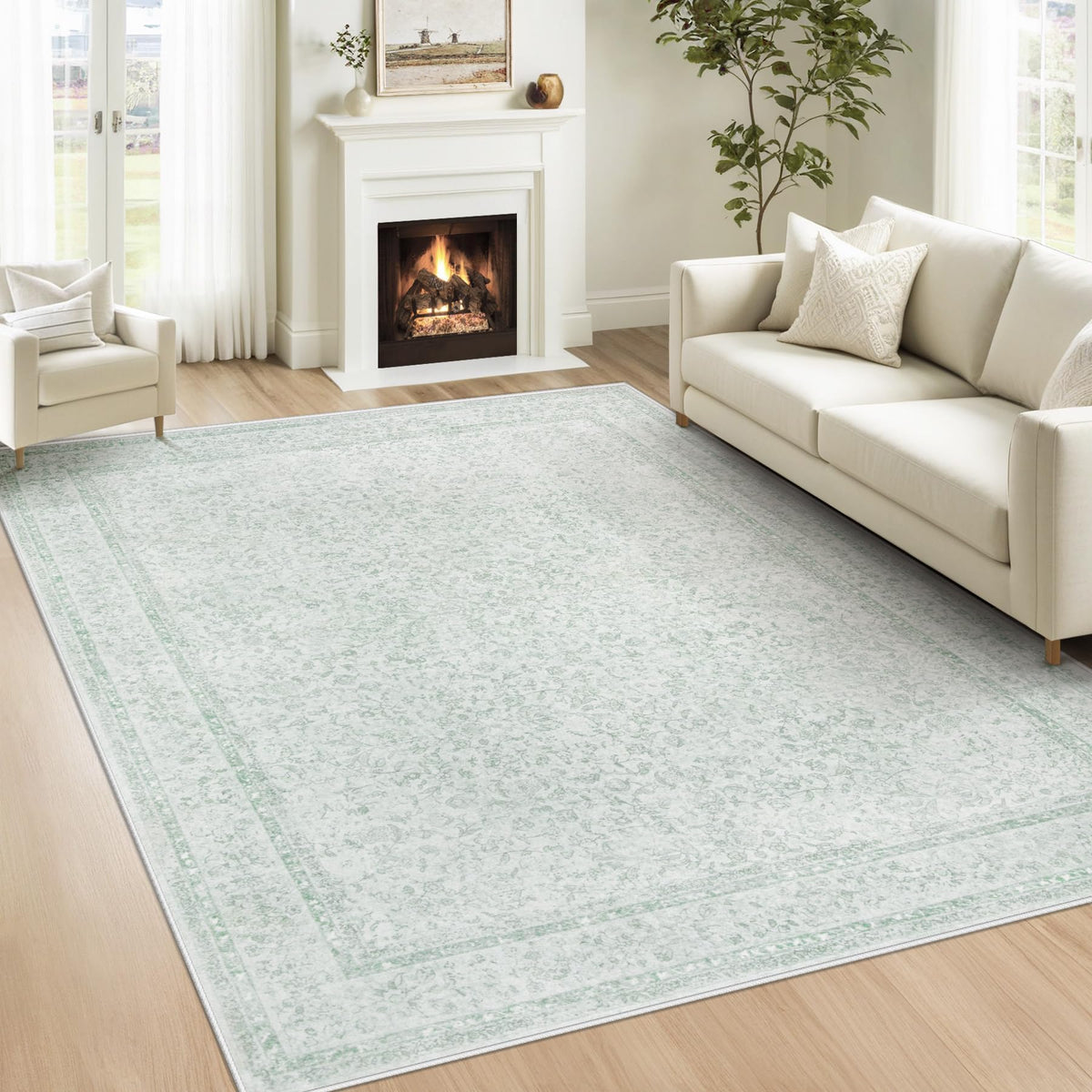 Bedroom Rug Washable Large Area Rugs Foldable Low Pile Print Non Slip Boho Patterned Rugs for Bedroom Living Room Dining Home Office (Floral Beige, 5'x7')