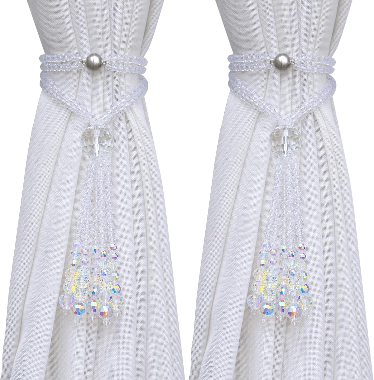 PEDOBO Magnetic Curtain Tiebacks, 2 Pack Crystal Beaded Tassel Sheer/Drapery Curtain Holdbacks, Boho Hanging Decor for Farmhouse Home Office (Crystal AB)