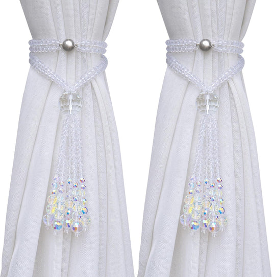 PEDOBO Magnetic Curtain Tiebacks, 2 Pack Crystal Beaded Tassel Sheer/Drapery Curtain Holdbacks, Boho Hanging Decor for Farmhouse Home Office (Crystal AB)