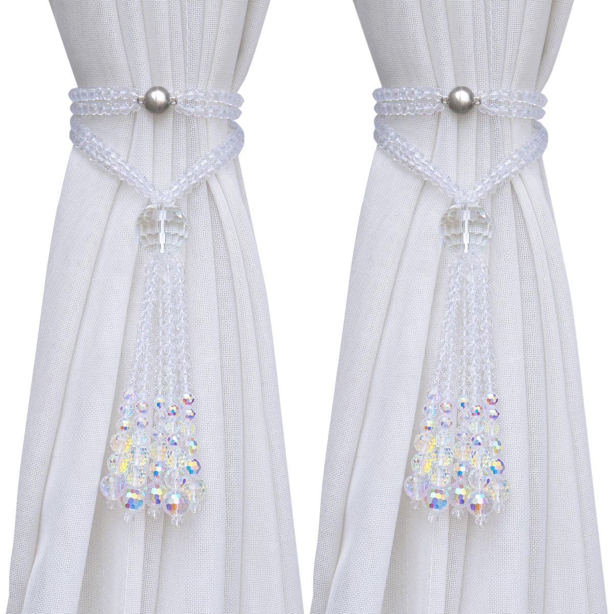 PEDOBO Magnetic Curtain Tiebacks, 2 Pack Crystal Beaded Tassel Sheer/Drapery Curtain Holdbacks, Boho Hanging Decor for Farmhouse Home Office (Crystal AB)