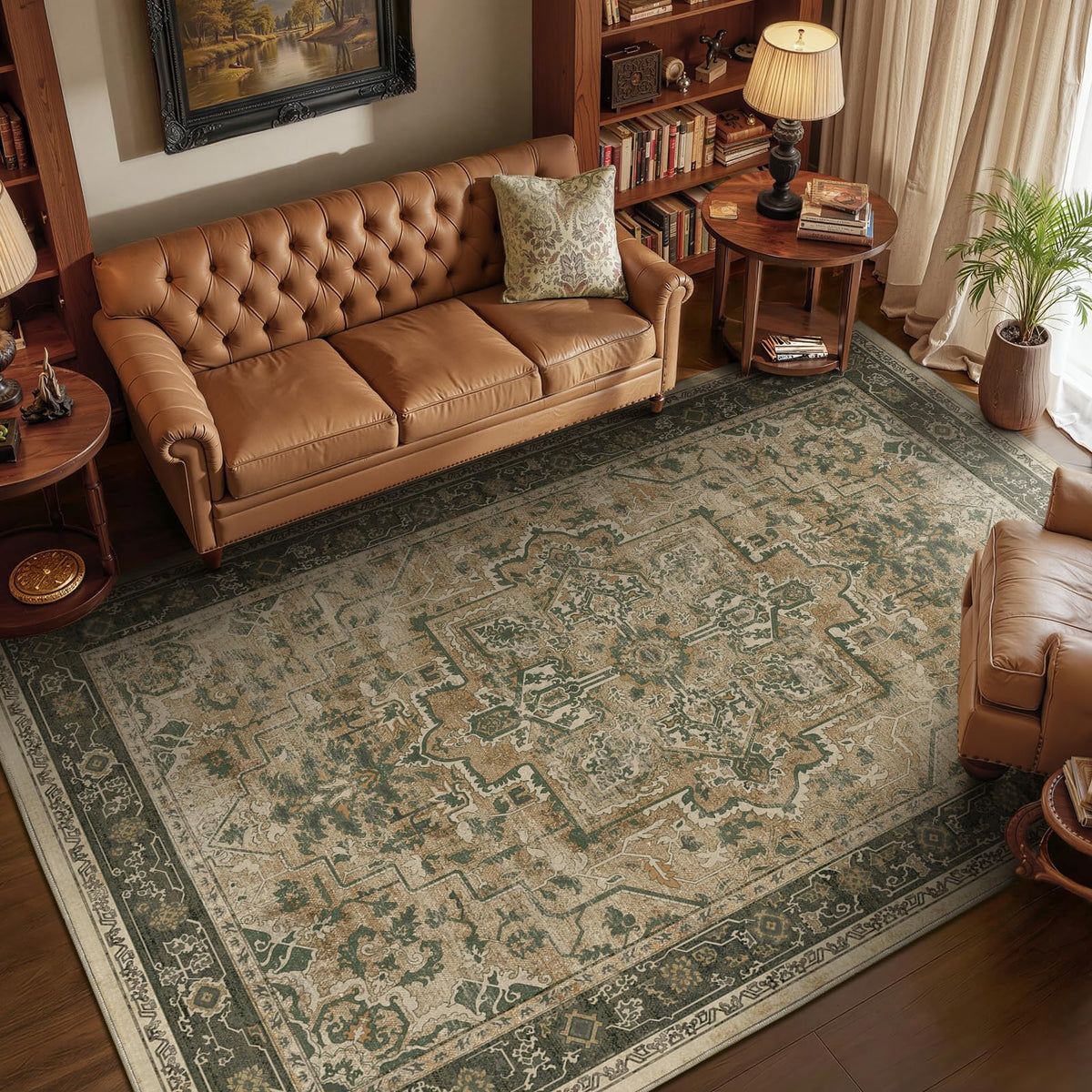 Vintage Distressed 5x7 Area Rugs for Living Room Bedroom Non Slip Washable, Medallion Pattern Printed Low Pile Thin Carpet Rugs for Dining Room/Kitchen/Home Office, Multi Brown Olive Accents