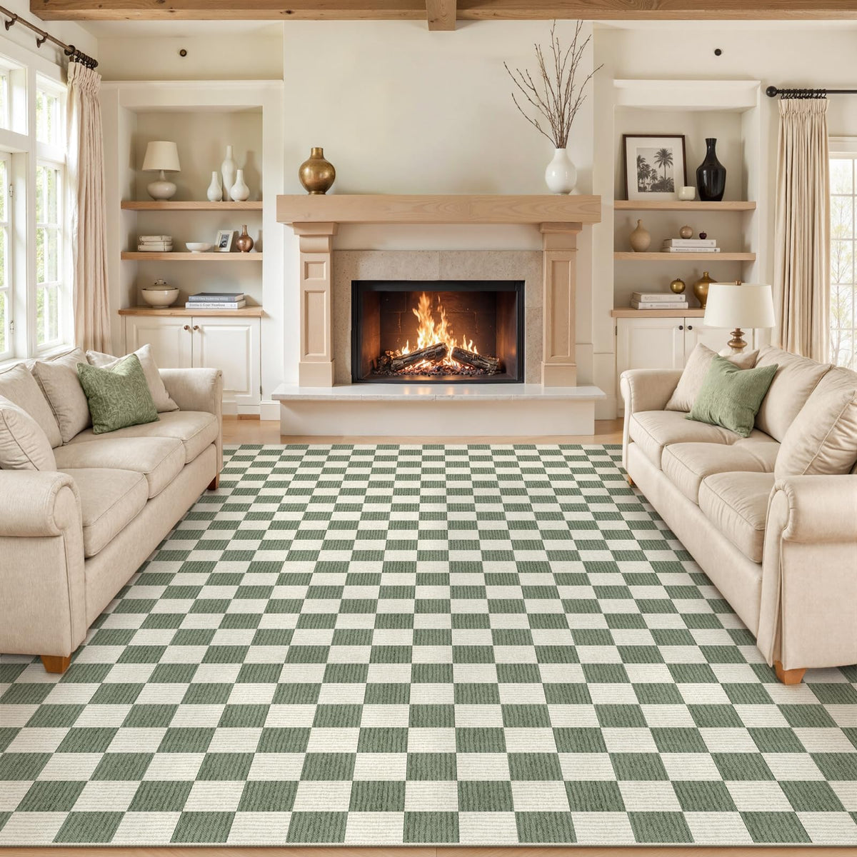 LIVEBOX 8x10 Area Rugs for Living Room, Checkered Non-Slip Washable Rugs, Farmhouse Neutral Classic Geometric Large Boys Area Rug for Bedroom, Carpet for Living Dining Room Office(Sage Green,8'x10')