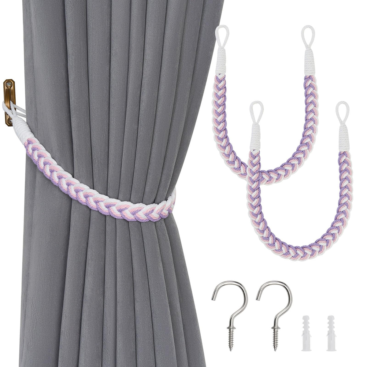 NICEEC 2 Pack Natural Cotton Rope Curtain Tiebacks Elegant Boho Style Decorative Drape Tie Backs Soft Hand-Woven Rope Curtain Holdbacks with Metal Hook for Home & Office Drapery (Coffee)