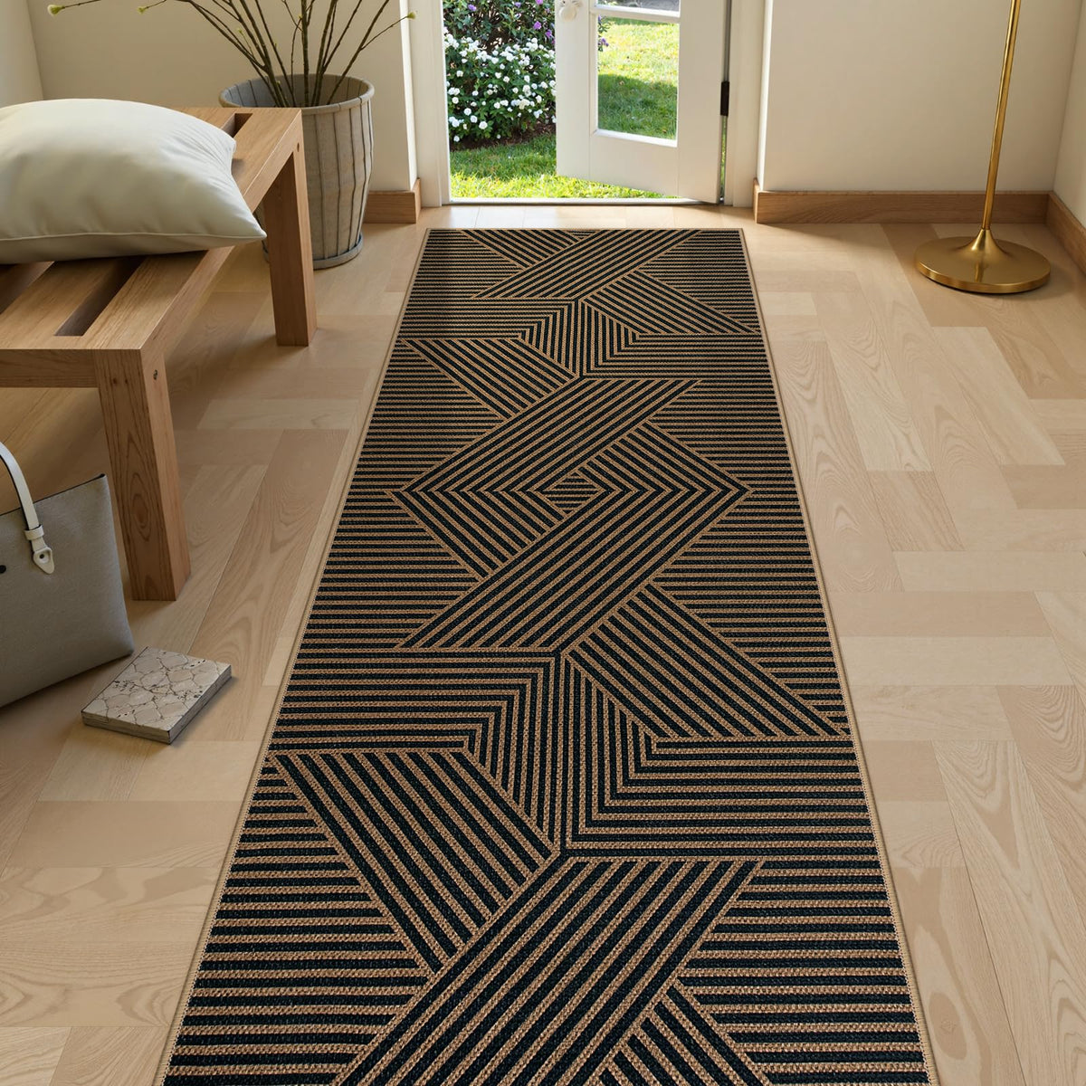 Lahome Modern Rainbow Easy Jute Carpet, Washable 5x7 Area Rugs for Living Room Patio Black Farmhouse Indoor Outdoor Rugs, Contemporary Natural Non Slip Floor Carpet for Office RV Backyard