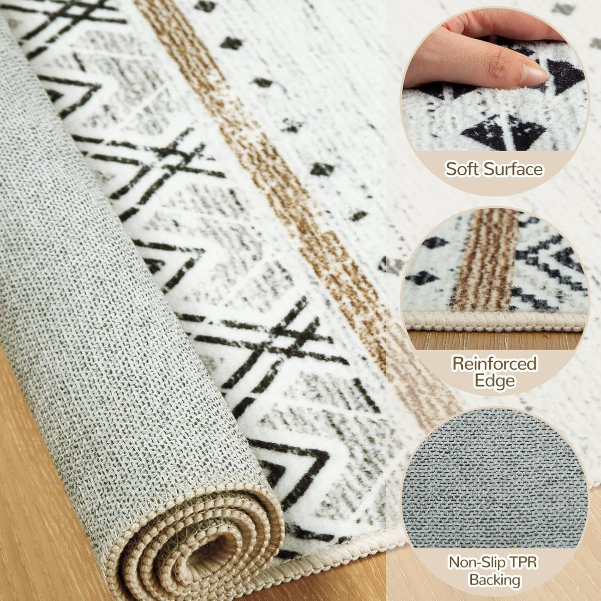 8x10 Washable Area Rugs for Living Room Boho Bedroom Rug Black/Brown