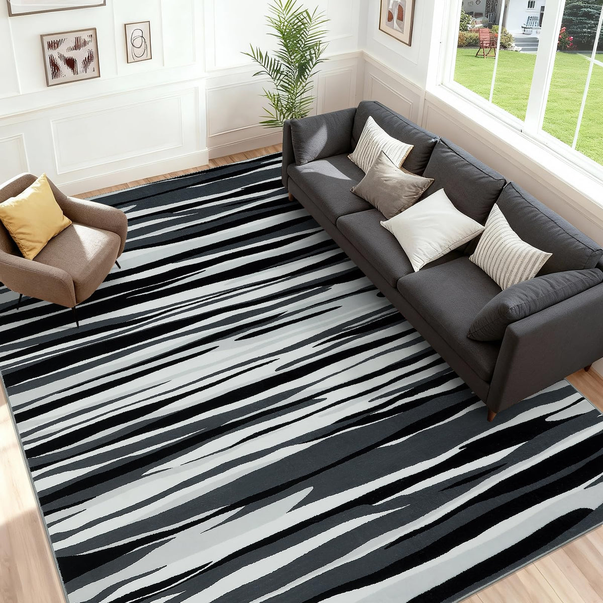 YIHOUSE Neutral Ultra Soft Area Rugs for Bedroom 5x7, Beige Geometric Rug with Triangular Patterns, Comfortable Plain Area Rug for Bedroom, Japandi Washable Rugs for Living Room