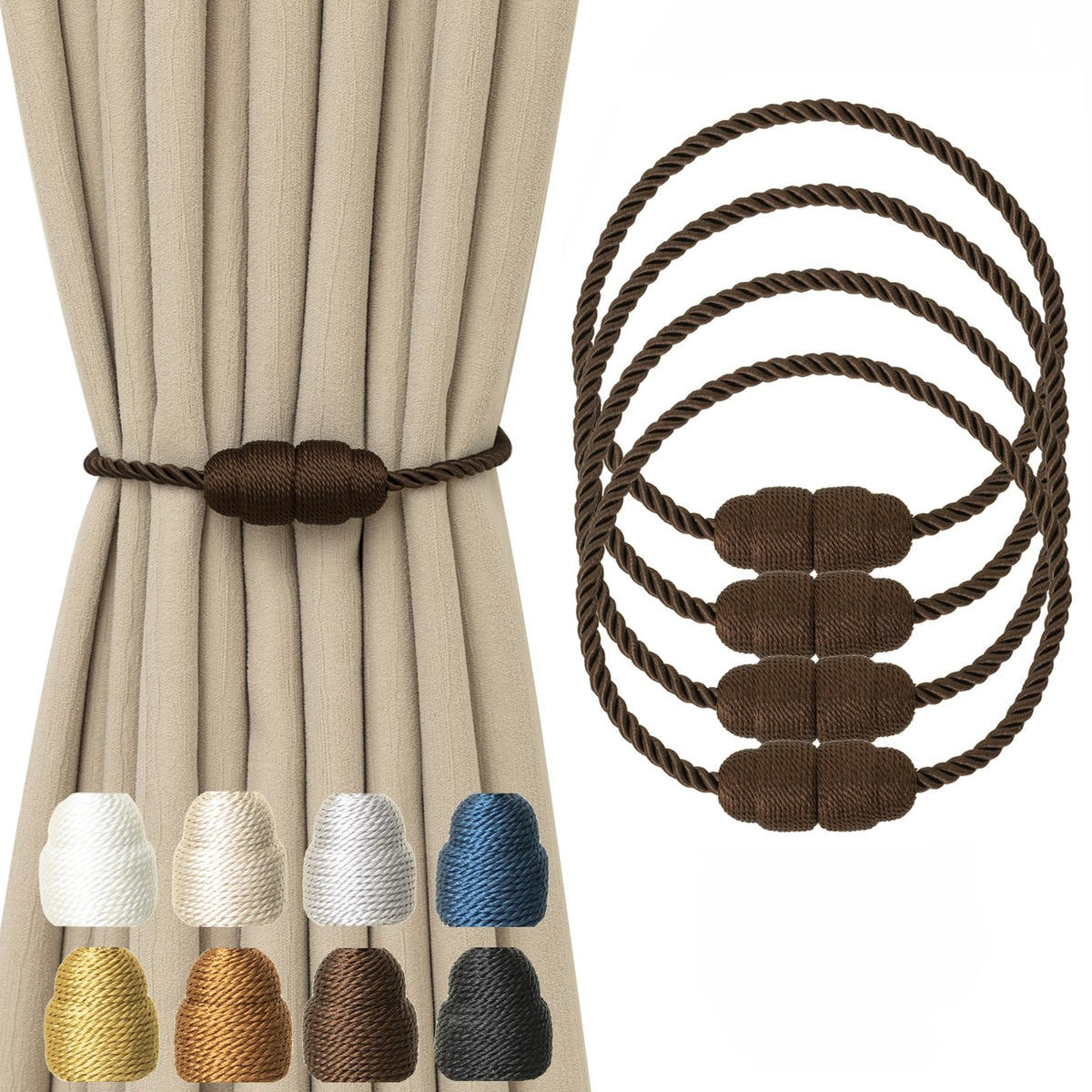 Magnetic Curtain Tiebacks Rope Curtain Tie Backs for Curtains 6 Pack Curtain Holders for Drapes Decorative Window Curtain Holdbacks, Gold