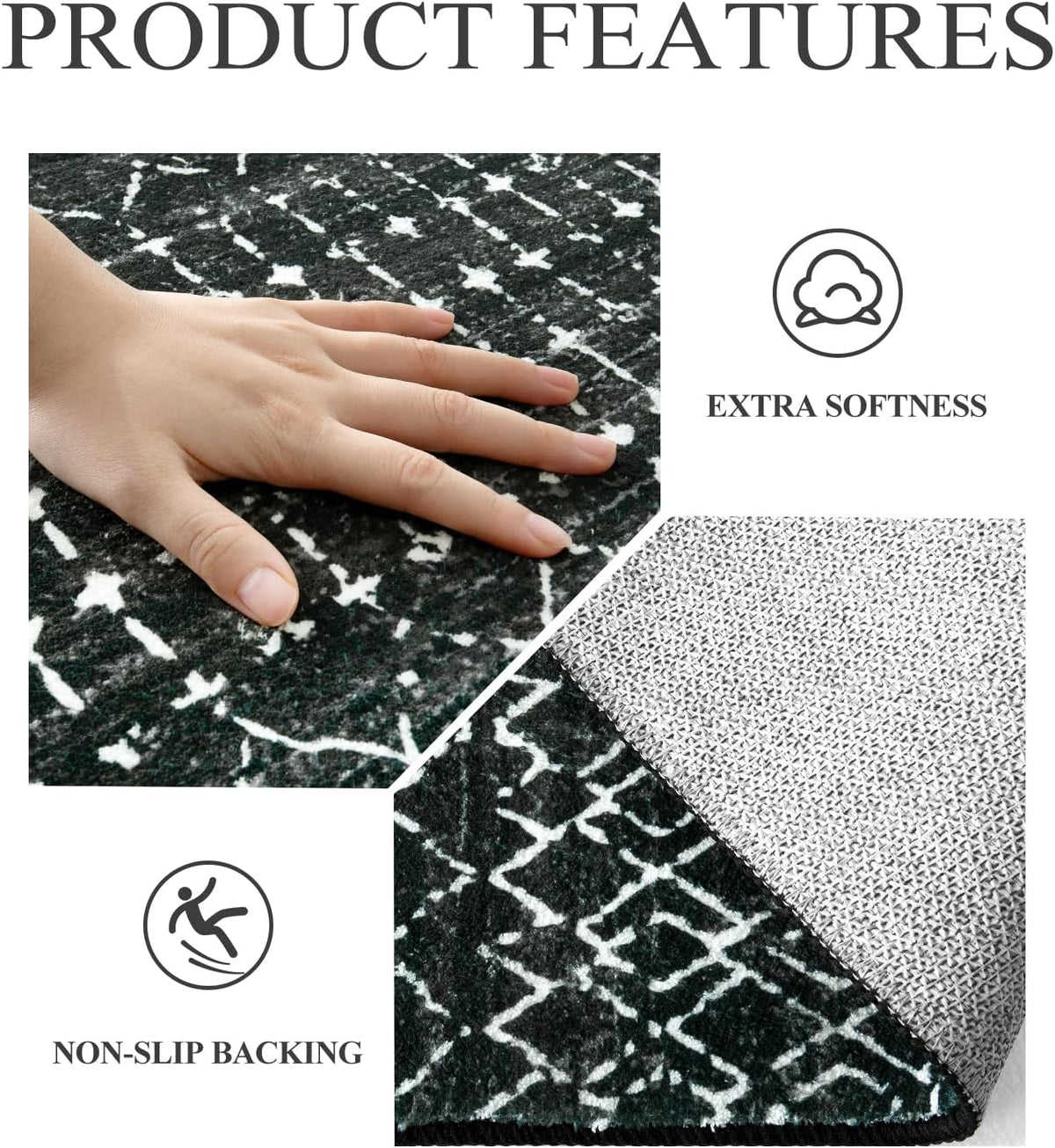 Lahome Moroccan Black Area Rug for Living Room 3x5 Non-Slip Washable Stain Resistant Large Kitchen Rugs Throw Low-Profile Soft Bedroom Carpet Geometric Print Rug for Entryway Dining Room Hana