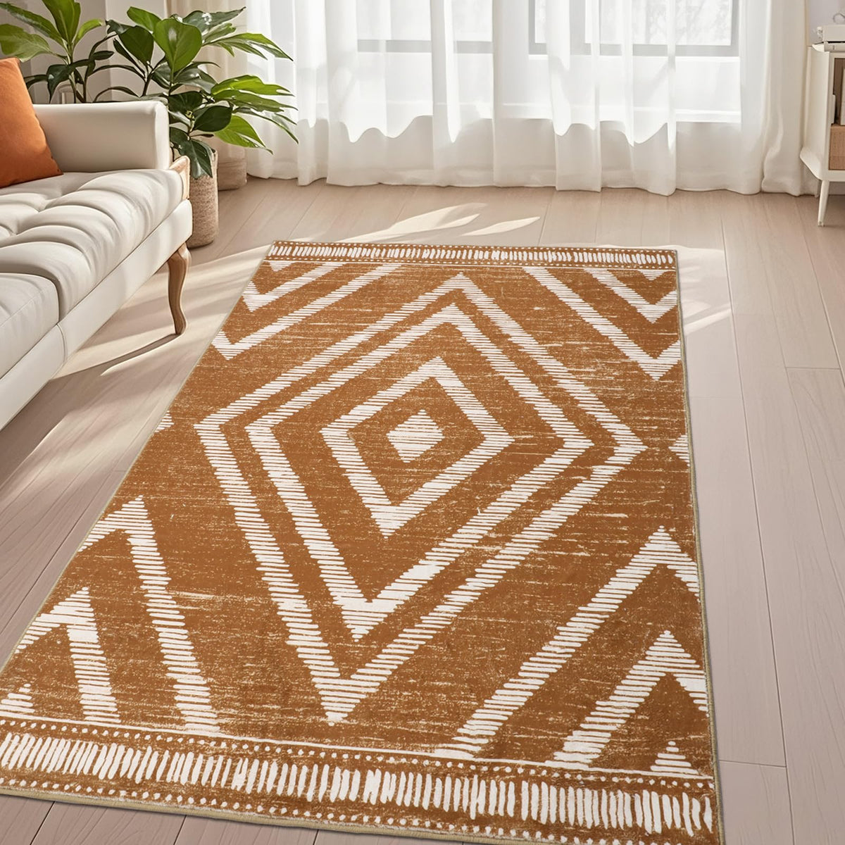 Boho Washable Rugs 5x7ft Non Slip, Low Pile Area Rug for Living Room, Brown Moroccan Bedroom Carpets, Non Shedding Soft Floor Carpet for Dining Room Bathroom Nursery Kitchen Office