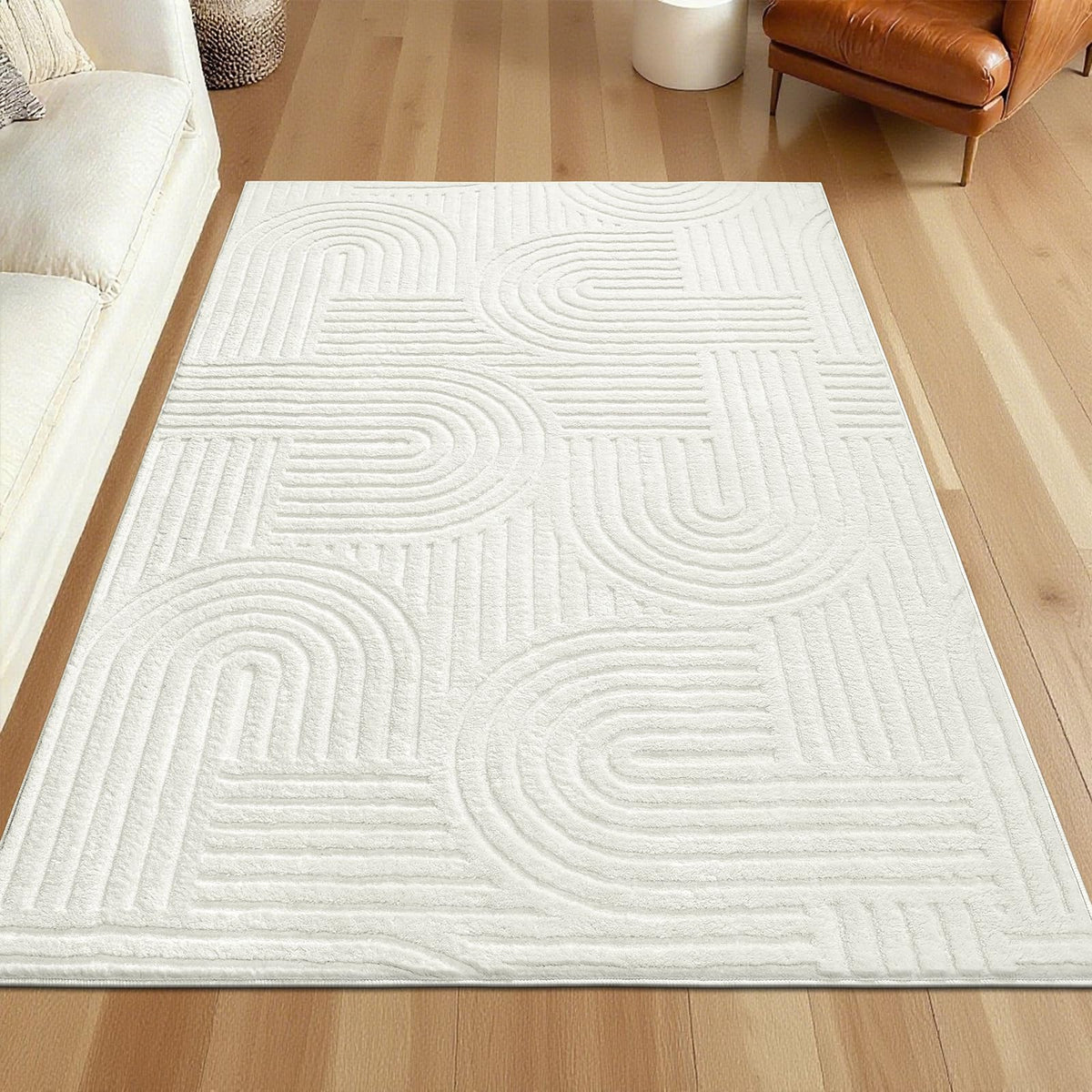 SHACOS Soft Cozy Fluffy Arch Pattern High-Low Pile Textured Area Rug 5'3"x7'3" Non Slip Washable Modern Geometric Rug Stain Resistant Contemporary Carpet for Living Room Bedroom Dining Room, Beige