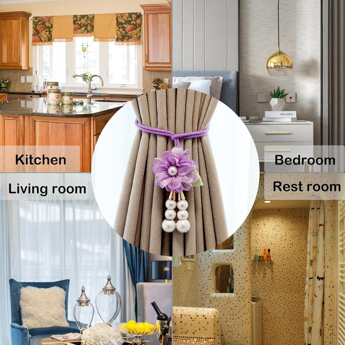 Adjustable Curtain Tiebacks， 4-Pack Hand-Woven Rope with Silk Flower & Pearl， Decorative Window Cord Holders for Drapery， Long Loop Design for All Curtain Thickness (Purple)