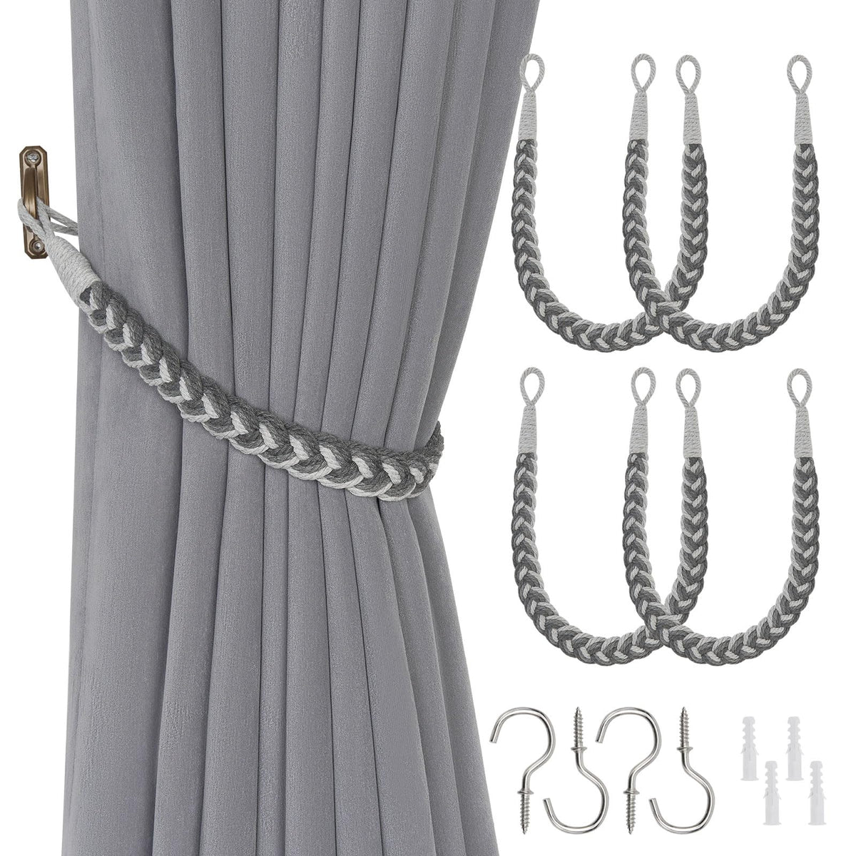 NICEEC 2 Pack Natural Cotton Rope Curtain Tiebacks Elegant Boho Style Decorative Drape Tie Backs Soft Hand-Woven Rope Curtain Holdbacks with Metal Hook for Home & Office Drapery (Coffee)