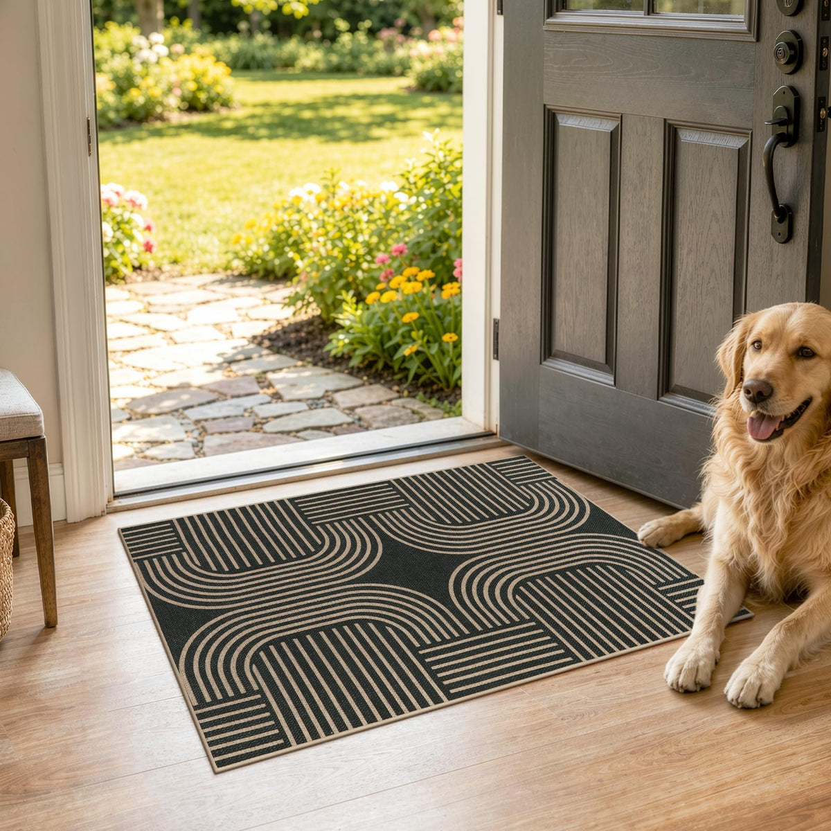 Lahome Modern Rainbow Easy Jute Carpet, Washable 5x7 Area Rugs for Living Room Patio Black Farmhouse Indoor Outdoor Rugs, Contemporary Natural Non Slip Floor Carpet for Office RV Backyard