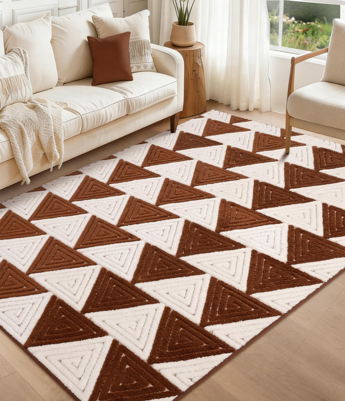 YIHOUSE Neutral Ultra Soft Area Rugs for Bedroom 5x7, Beige Geometric Rug with Triangular Patterns, Comfortable Plain Area Rug for Bedroom, Japandi Washable Rugs for Living Room