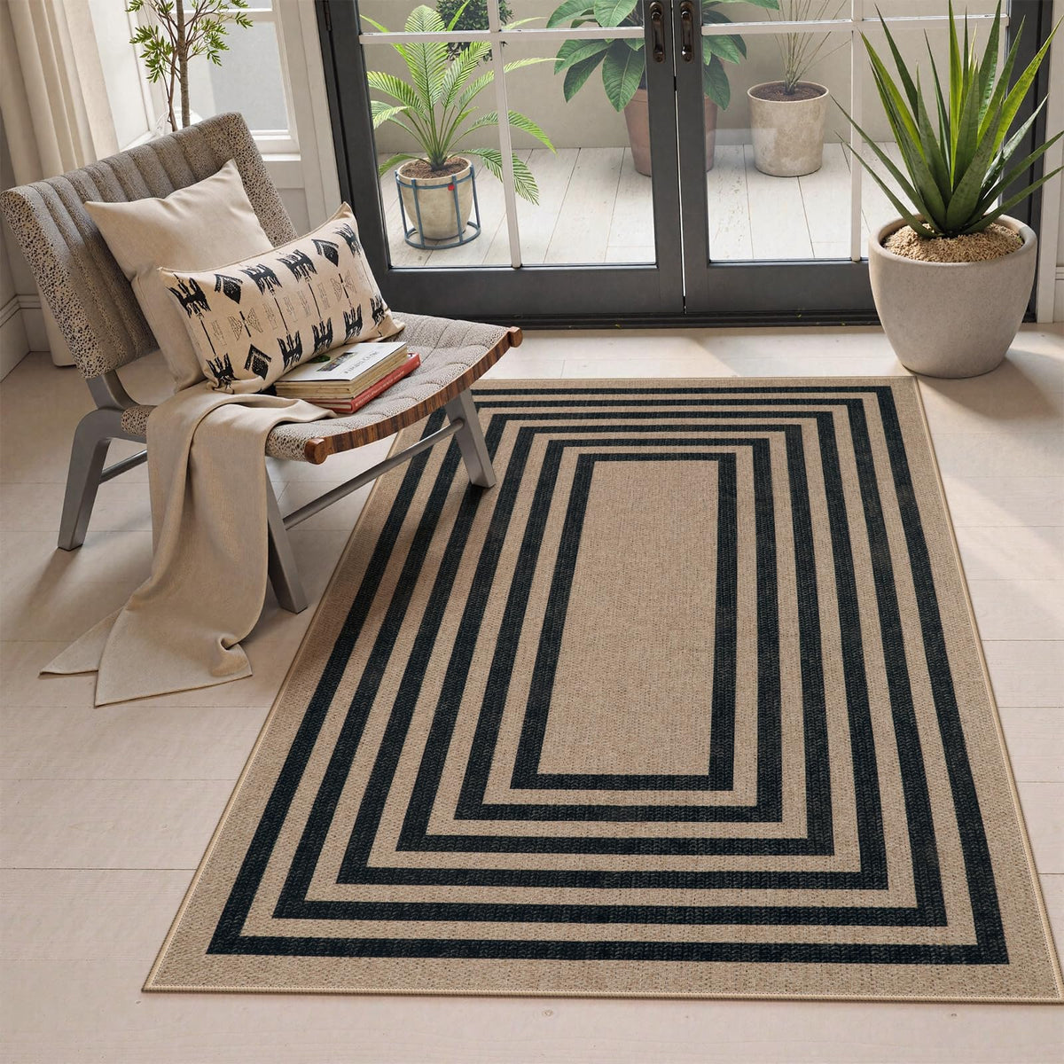 Lahome Modern Rainbow Easy Jute Carpet, Washable 5x7 Area Rugs for Living Room Patio Black Farmhouse Indoor Outdoor Rugs, Contemporary Natural Non Slip Floor Carpet for Office RV Backyard