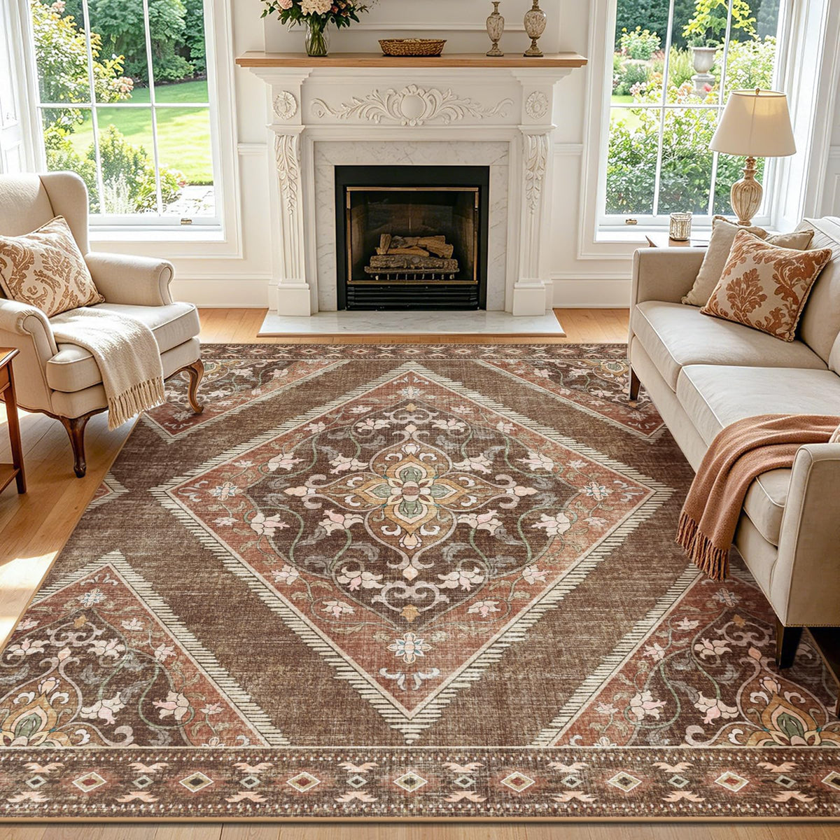 Boho Washable Rugs 5x7ft Non Slip, Low Pile Area Rug for Living Room, Brown Moroccan Bedroom Carpets, Non Shedding Soft Floor Carpet for Dining Room Bathroom Nursery Kitchen Office