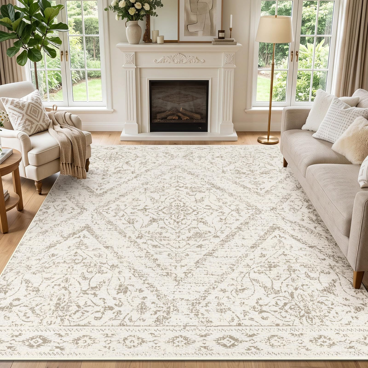 Boho Washable Rugs 5x7ft Non Slip, Low Pile Area Rug for Living Room, Brown Moroccan Bedroom Carpets, Non Shedding Soft Floor Carpet for Dining Room Bathroom Nursery Kitchen Office