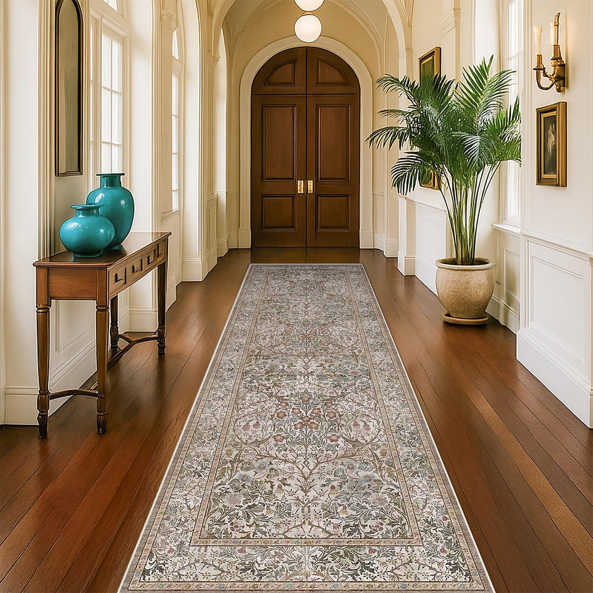 Floral Dark Green Washable Area Rugs 8x10, Vintage Living Room Rug