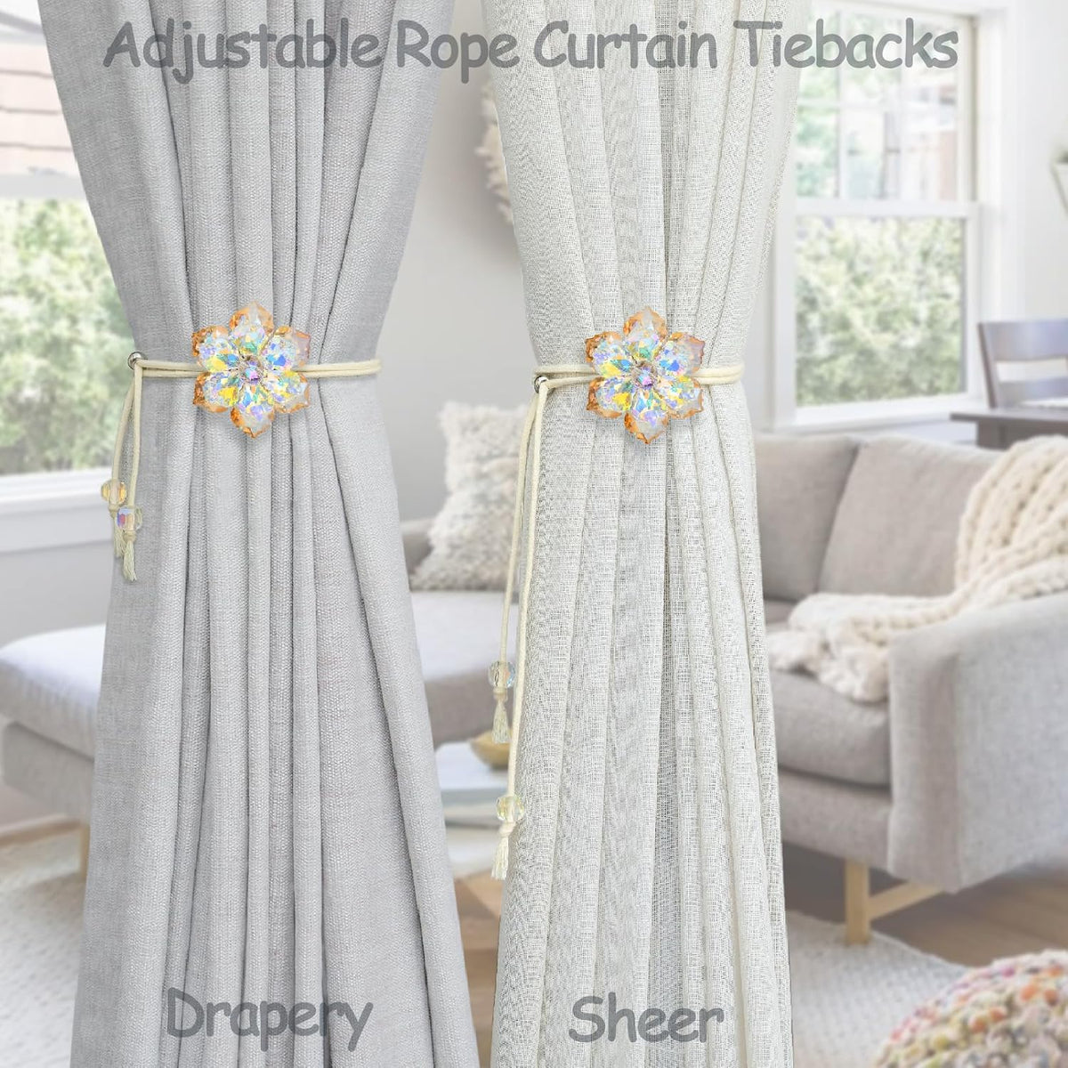 Magnetic Curtain Tiebacks, Crystal Flower Adjustable Rope Curtain Tie Backs, 2 Pack Boho Farmhouse Drapes Sheers Holdbacks for Window Home Decor (Gold)