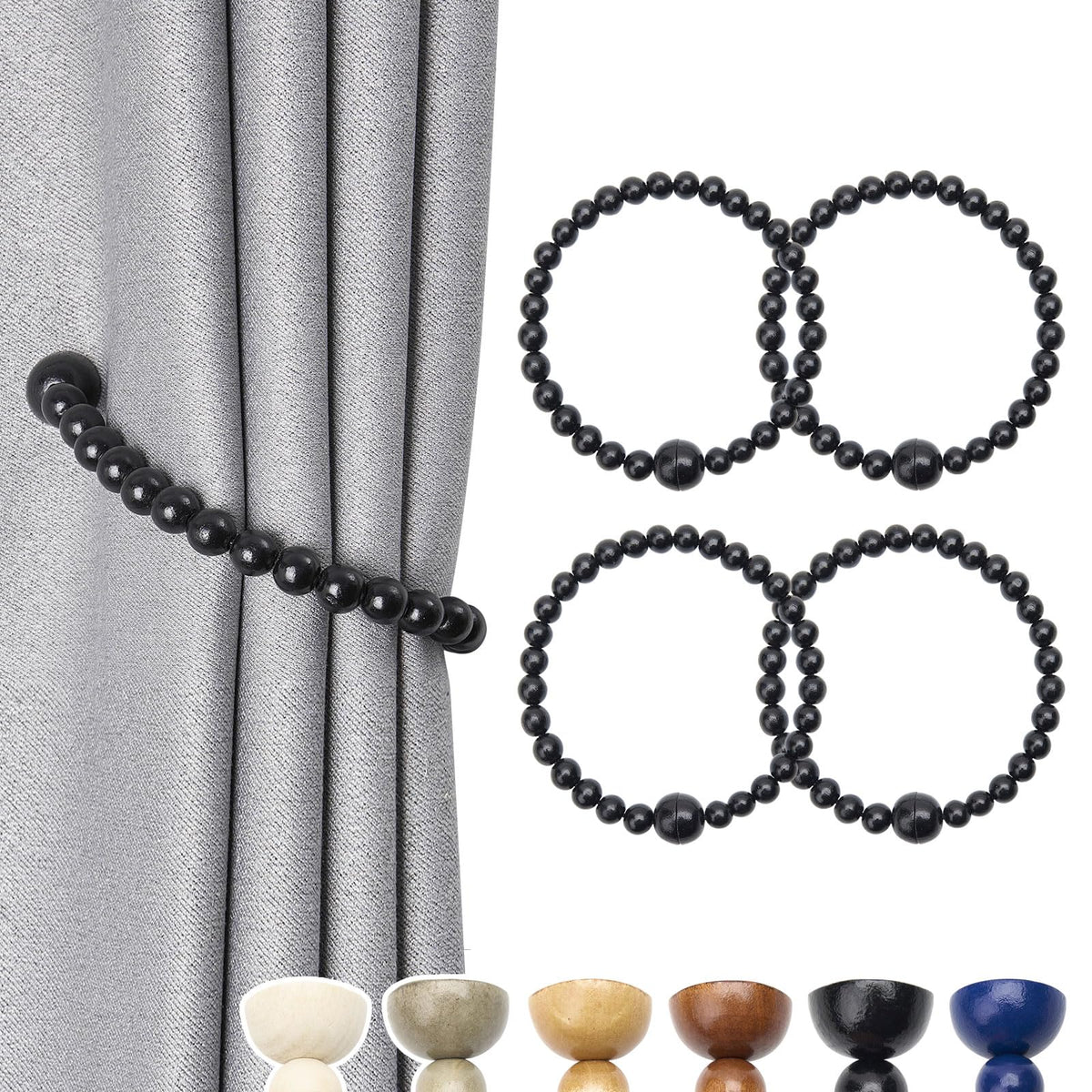 NICEEC 2 Pack Wood Bead Curtain Tiebacks Boho Farmhouse Decor Drape Tie Backs Strong Magnetic Natural Wooden Beaded Curtain Holdbacks for Home & Office Outdoor Window Draperies (Coffee)