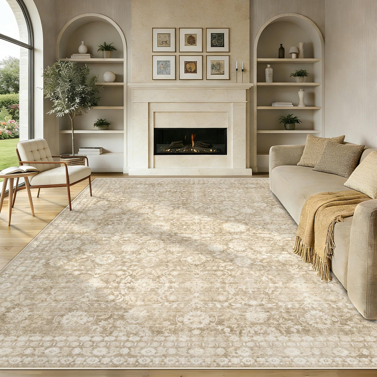 Bedroom Rug Washable Large Area Rugs Foldable Low Pile Print Non Slip Boho Patterned Rugs for Bedroom Living Room Dining Home Office (Floral Beige, 5'x7')