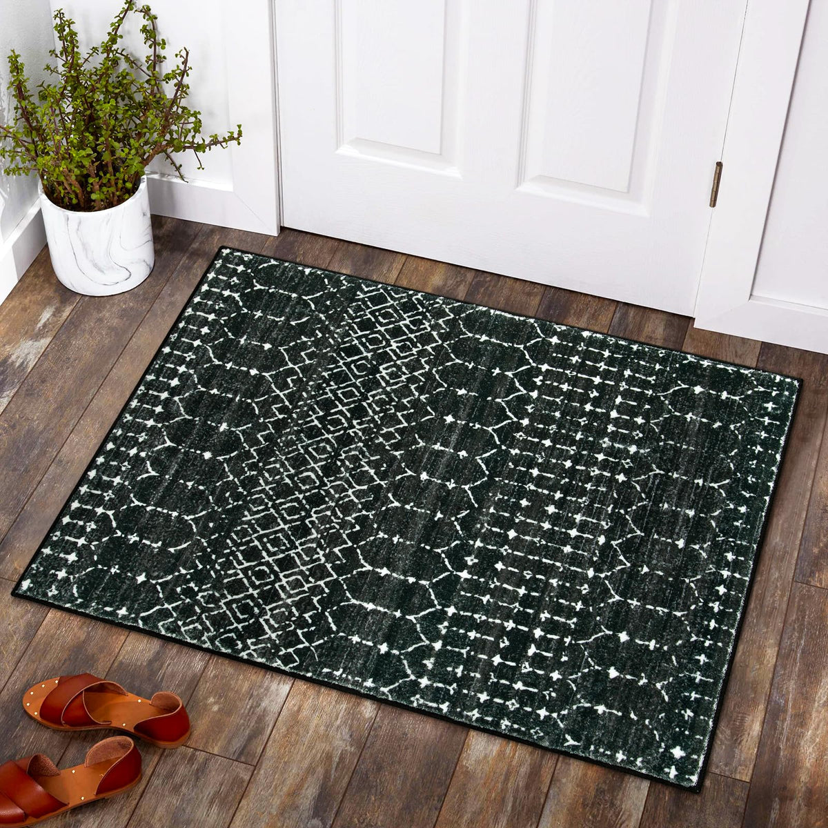 Lahome Moroccan Black Area Rug for Living Room 3x5 Non-Slip Washable Stain Resistant Large Kitchen Rugs Throw Low-Profile Soft Bedroom Carpet Geometric Print Rug for Entryway Dining Room Hana