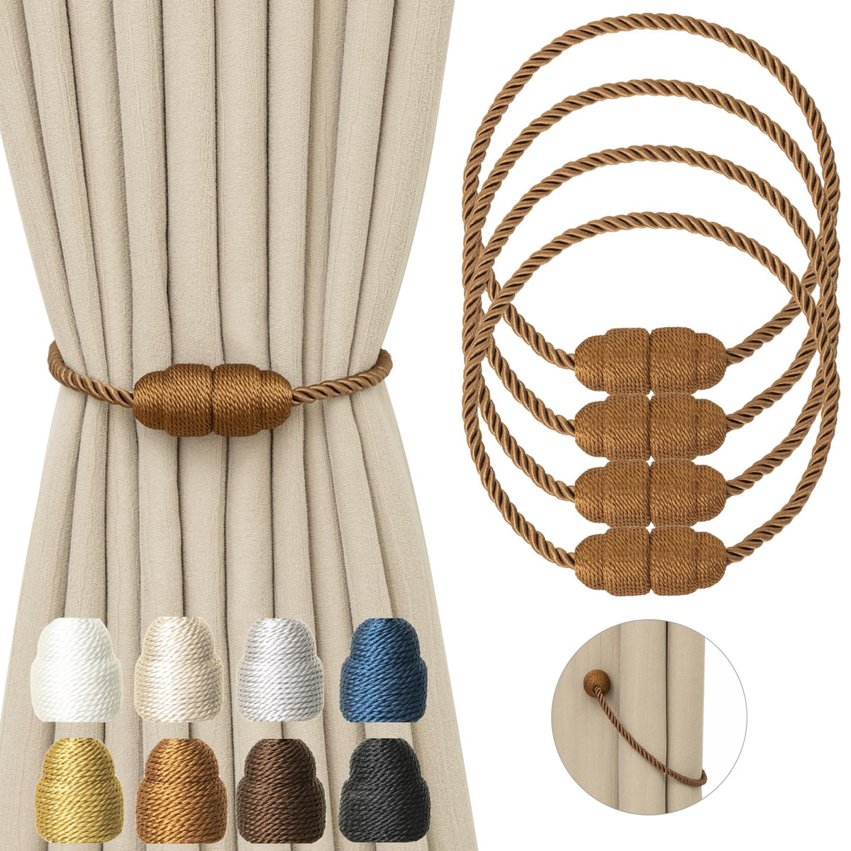 Magnetic Curtain Tiebacks Rope Curtain Tie Backs for Curtains 6 Pack Curtain Holders for Drapes Decorative Window Curtain Holdbacks, Gold