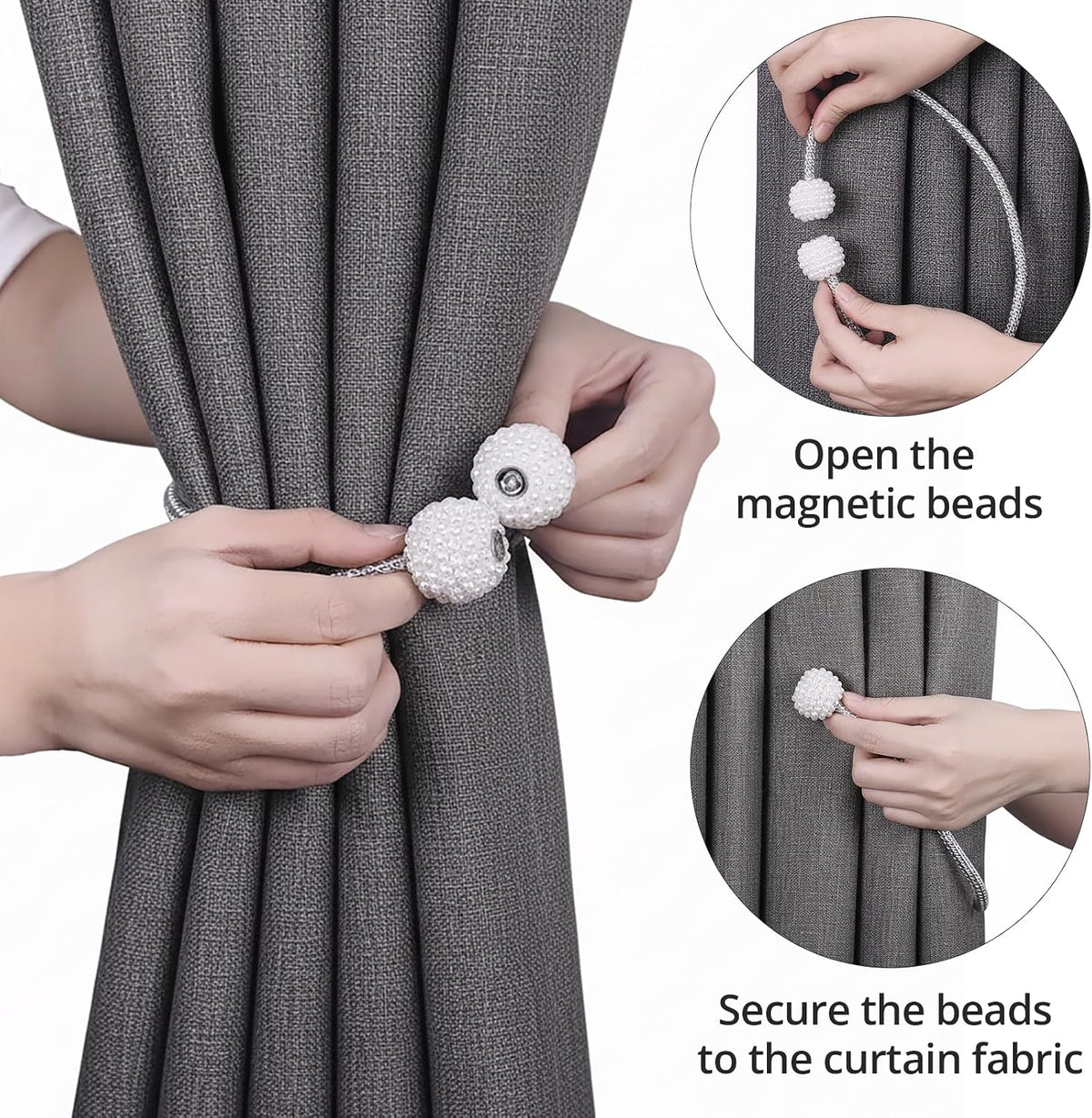 6 Pack Grey Magnetic Curtain Tiebacks with Decorative Pearl, 18.9 inch Curtain Holdbacks for Drapes, Strong Magnet Curtain Holders for Window Treatments, Home and Office Decor
