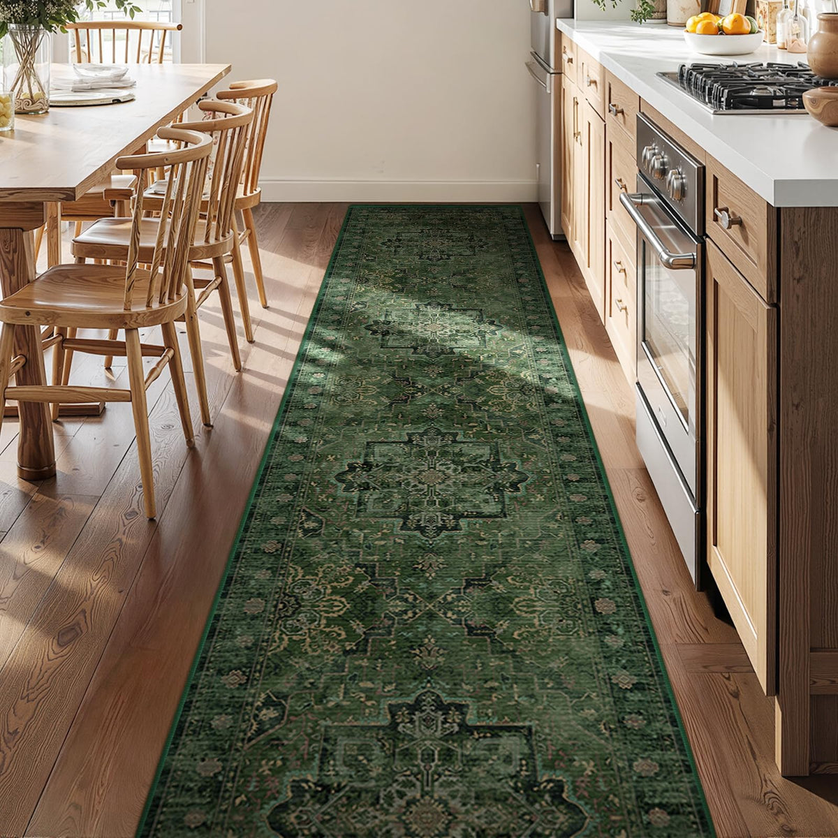 Vintage Distressed 5x7 Area Rugs for Living Room Bedroom Non Slip Washable, Medallion Pattern Printed Low Pile Thin Carpet Rugs for Dining Room/Kitchen/Home Office, Multi Brown Olive Accents
