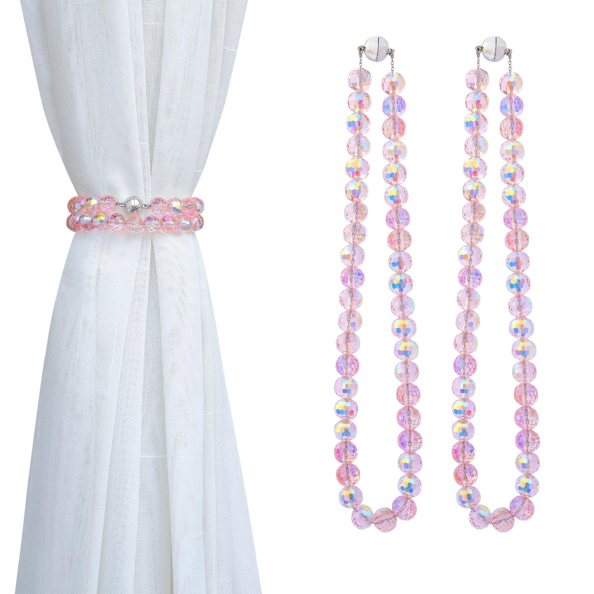 PEDOBO Magnetic Curtain Tiebacks, Faceted Disco Crystal Glass Beaded Curtain Tiebacks Drapery Shower Sheer Curtain Holdbacks Boho Farmhouse Home Decor (AB)
