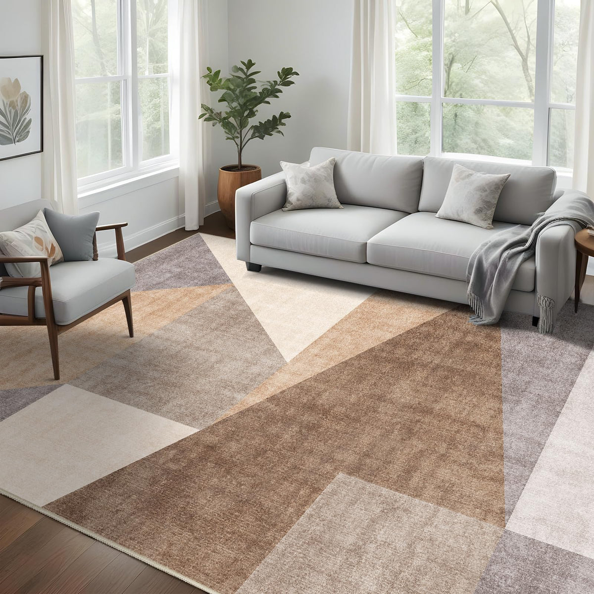 5x7 Washable Area Rug for Living Room - Non-Slip Geometric Rugs Blue Grey
