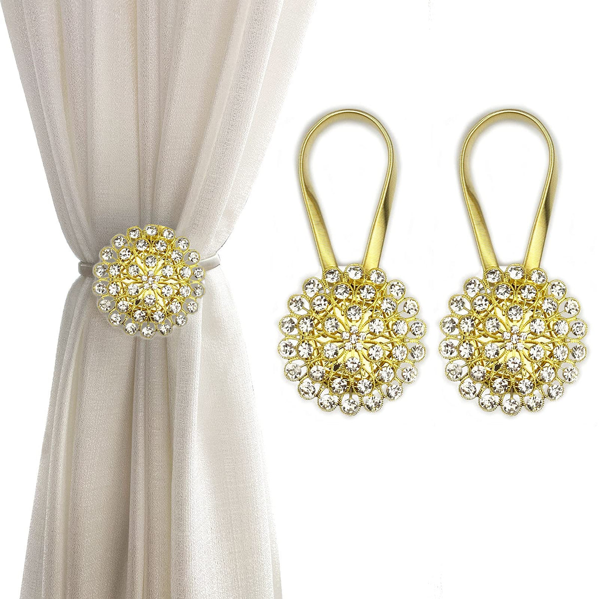 Magnetic Tiebacks for Curtains, 2 Pack Sparkling Crystal Flower Curtain Tiebacks Curtain Buckle Clips with High-Elastic Spring Wire for Home Office Decoration (White)
