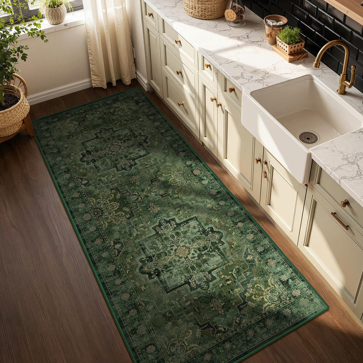 Vintage Distressed 5x7 Area Rugs for Living Room Bedroom Non Slip Washable, Medallion Pattern Printed Low Pile Thin Carpet Rugs for Dining Room/Kitchen/Home Office, Multi Brown Olive Accents