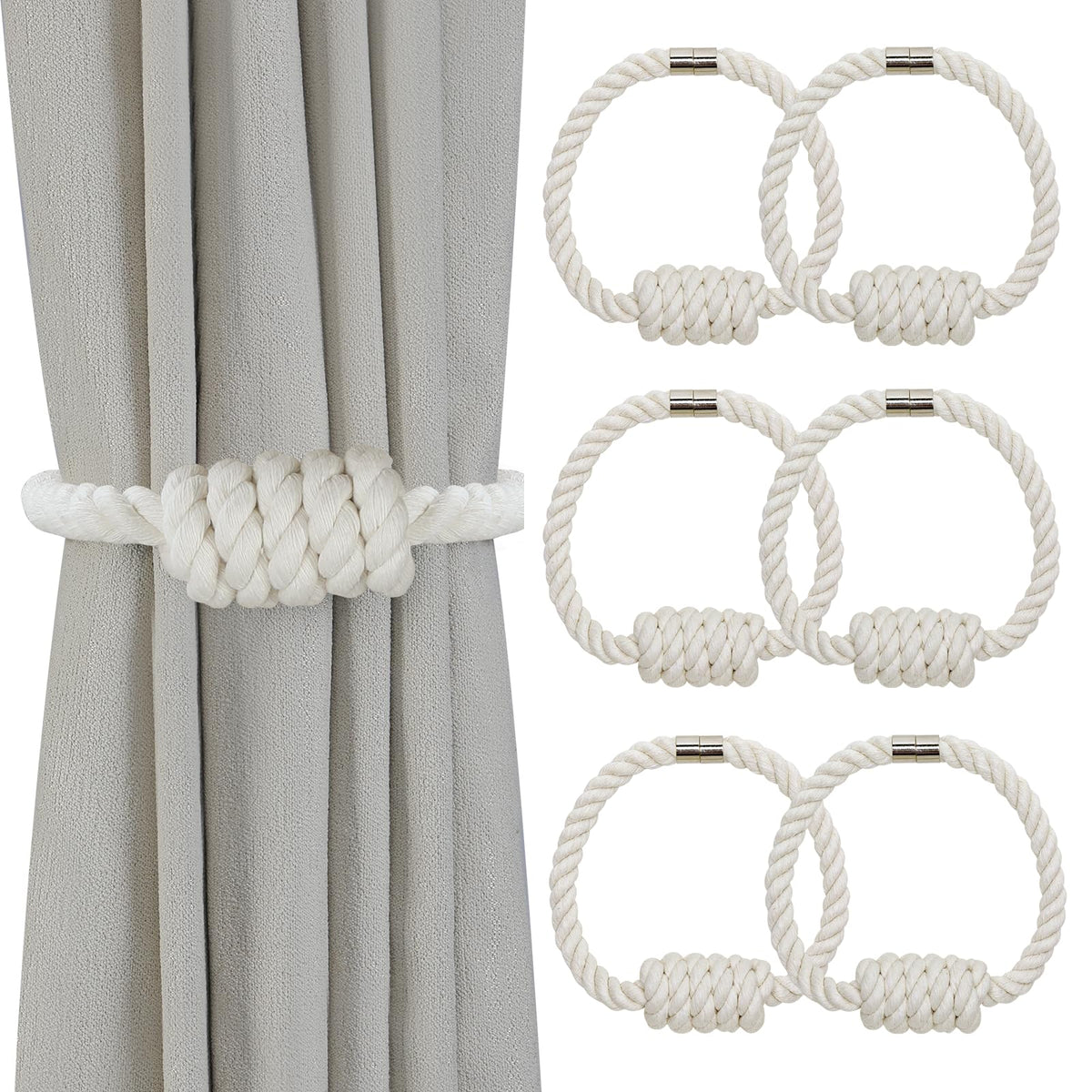 Magnetic Curtain Tiebacks, 2 Pack Jute Curtain Holdbacks, Elegant Hand Weave Rope Knot Curtain Tie Backs, Boho Curtain Tiebacks for Bedroom Room Nursery Decor