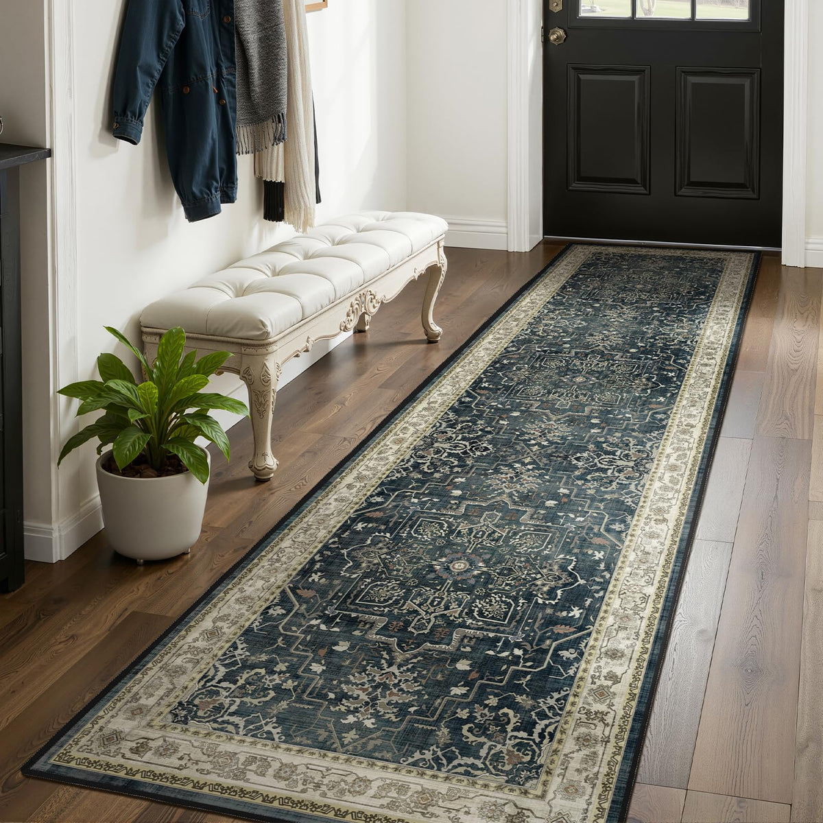 Vintage Distressed 5x7 Area Rugs for Living Room Bedroom Non Slip Washable, Medallion Pattern Printed Low Pile Thin Carpet Rugs for Dining Room/Kitchen/Home Office, Multi Brown Olive Accents