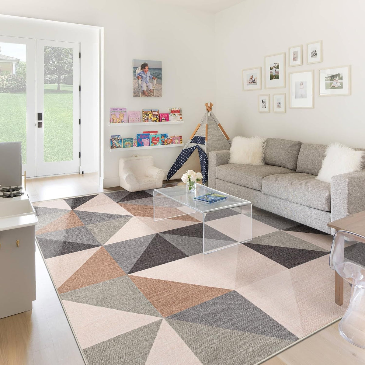 Washable Rug 8x10 Area Rugs: Modern Geometric Area Rug for Living Room Non-Slip Neutral Soft Carpet Low Pile Stain Resistant Indoor Rugs for Bedroom Nursery Dining Room Office (Beige Brown, 8'X10')
