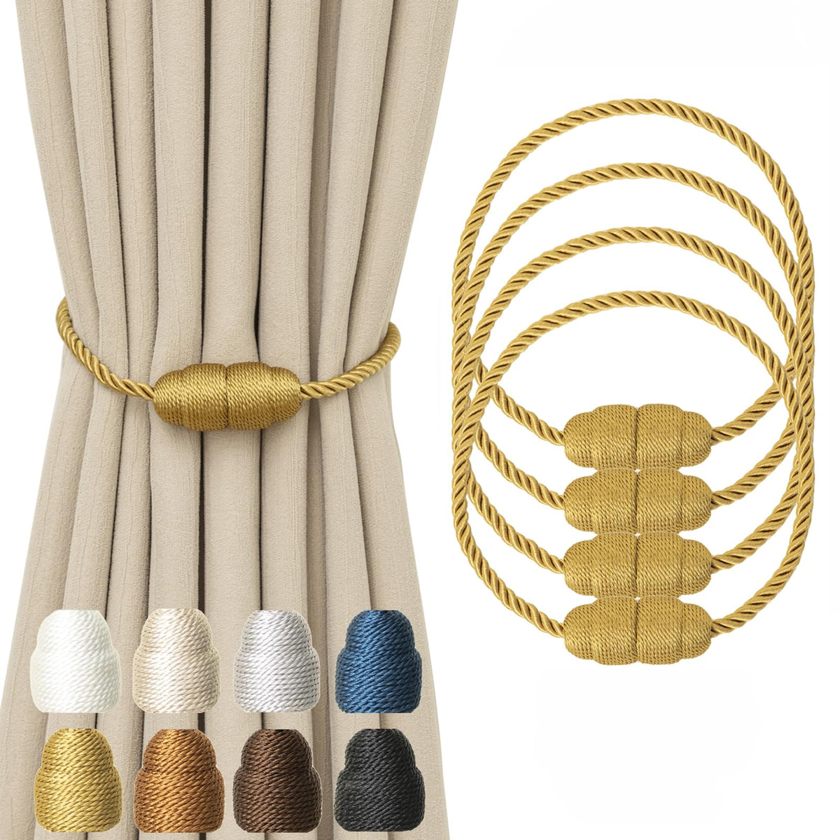 Magnetic Curtain Tiebacks Rope Curtain Tie Backs for Curtains 6 Pack Curtain Holders for Drapes Decorative Window Curtain Holdbacks, Gold