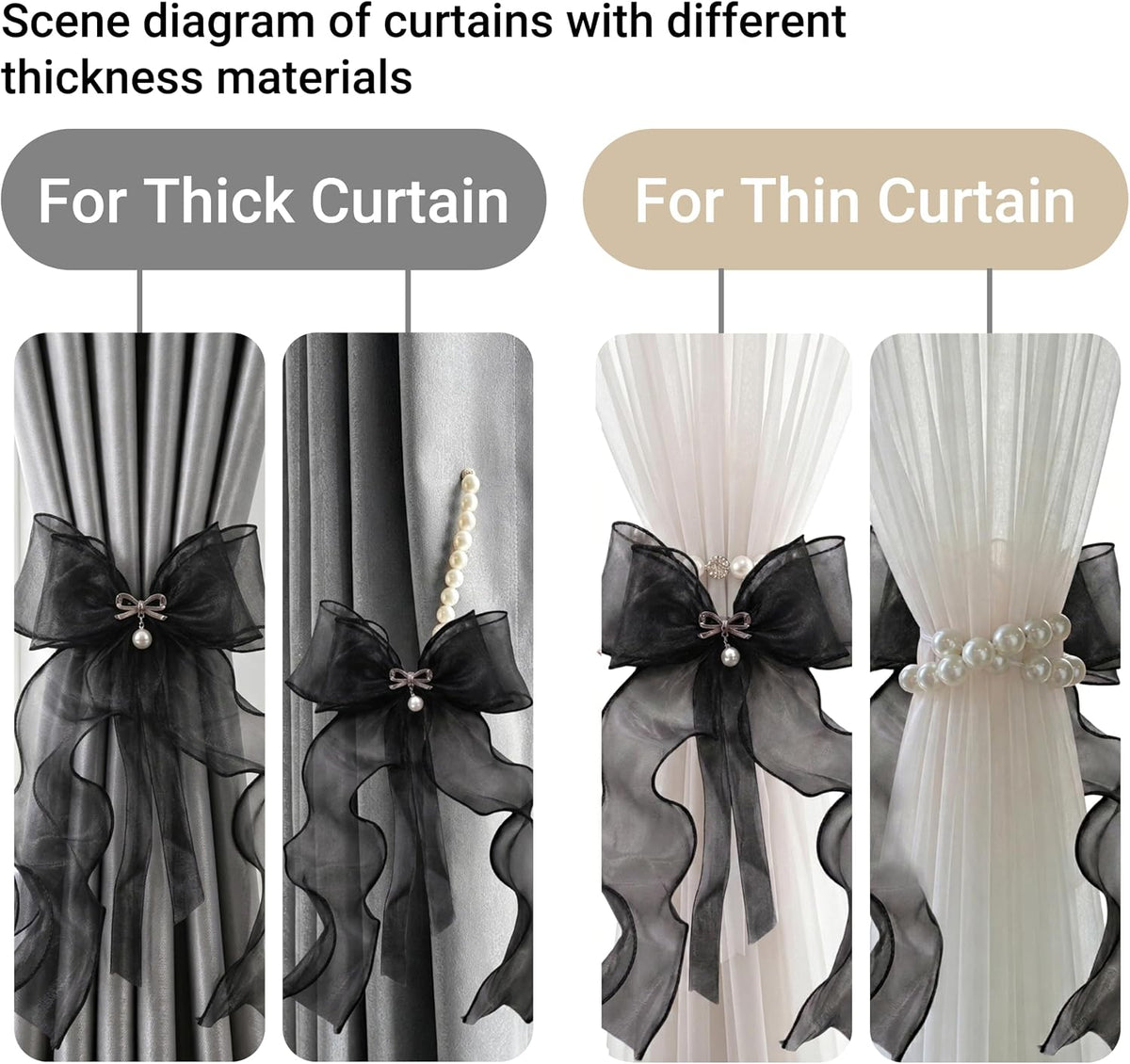 Pearl Bow Magnetic Curtain Tiebacks for Home Decor (2, Black)