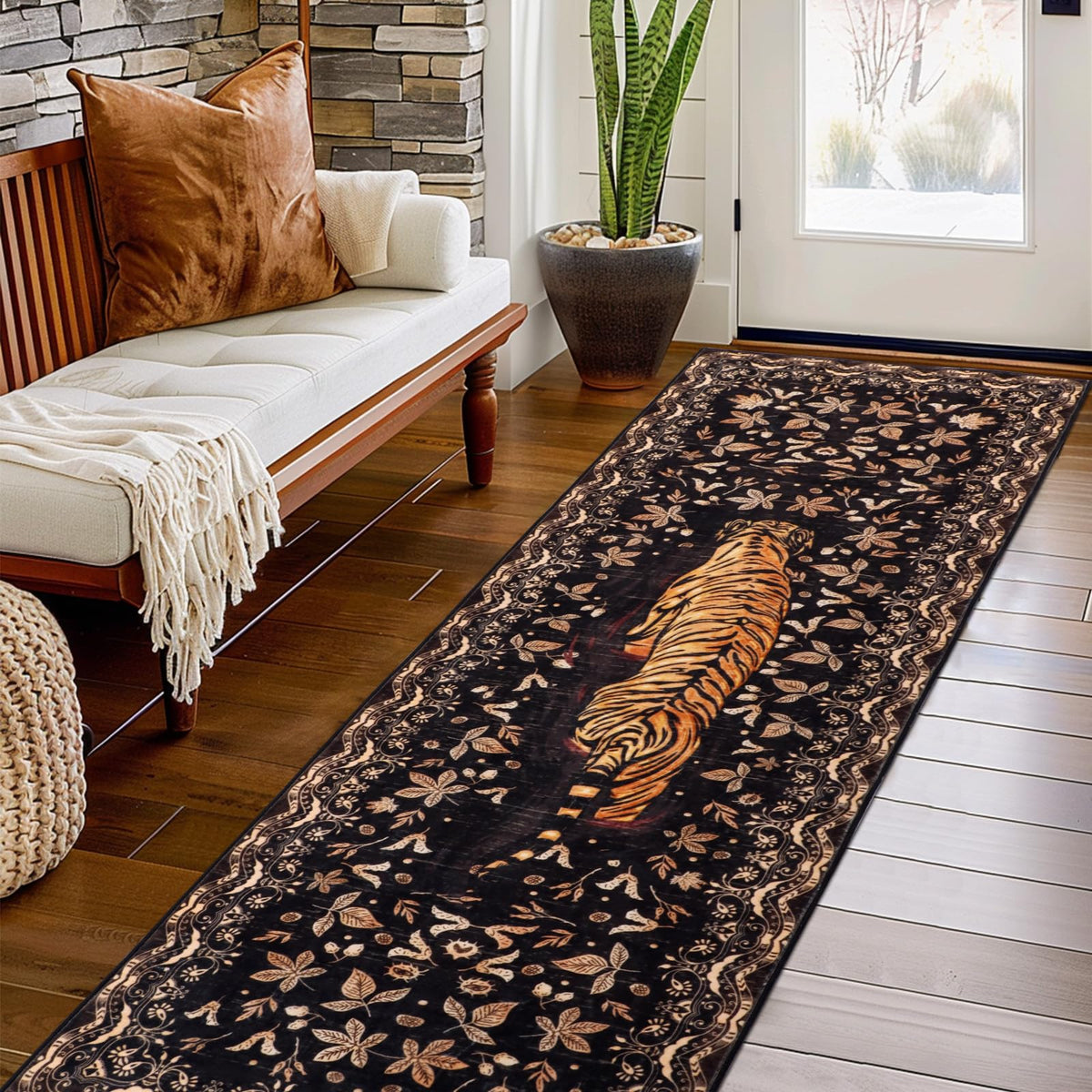 Tiger Round Area Rugs for Living Room 6ft, Boho Green Animal Print Bedroom Circle Rugs Non Slip, Washable Botanical Jungle Floor Carpet for Dining Room Entryway Nursery Playroom Office Spring