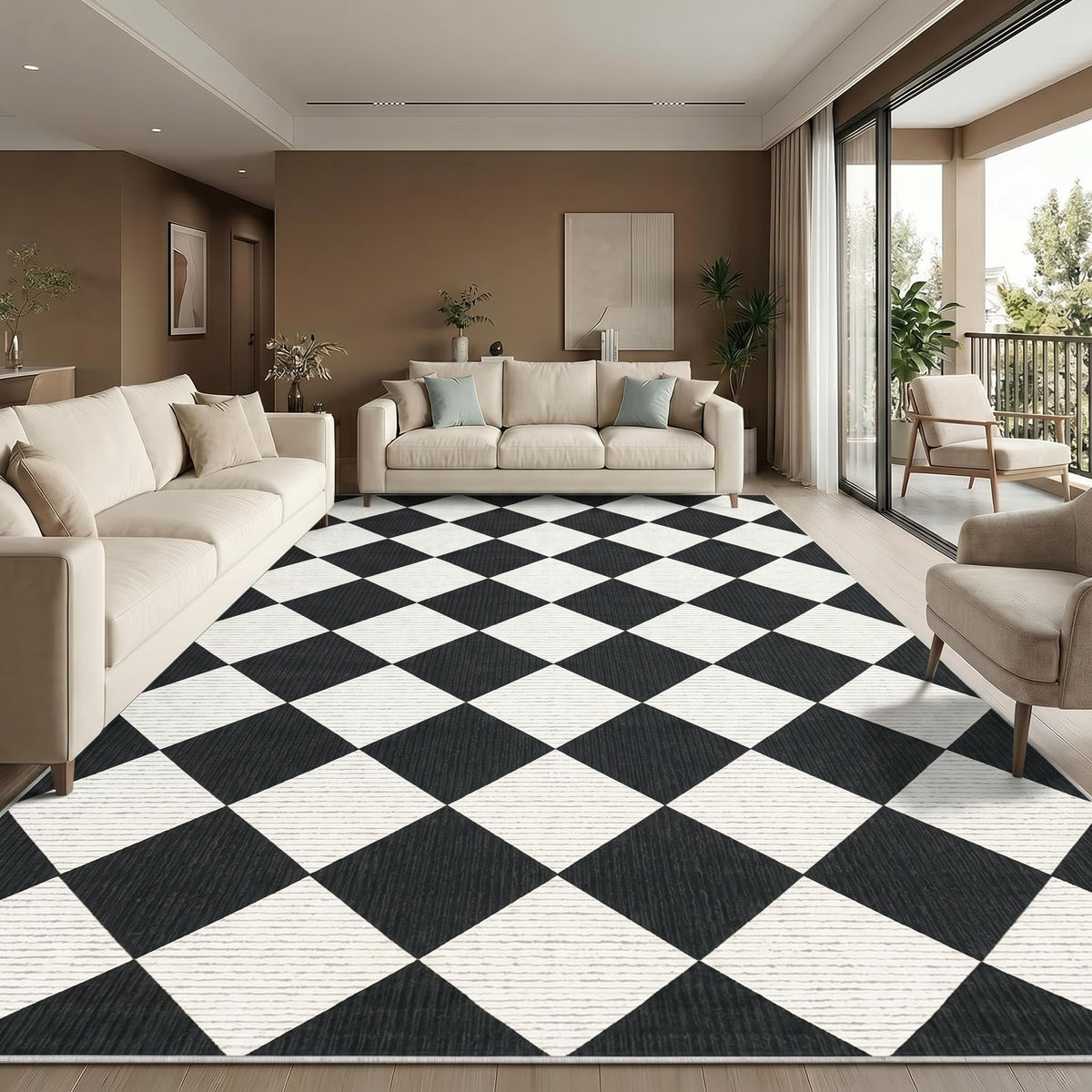 GarveeHome 5x7 Checkered Area Rug Black and Brown Washable Living Room Rug
