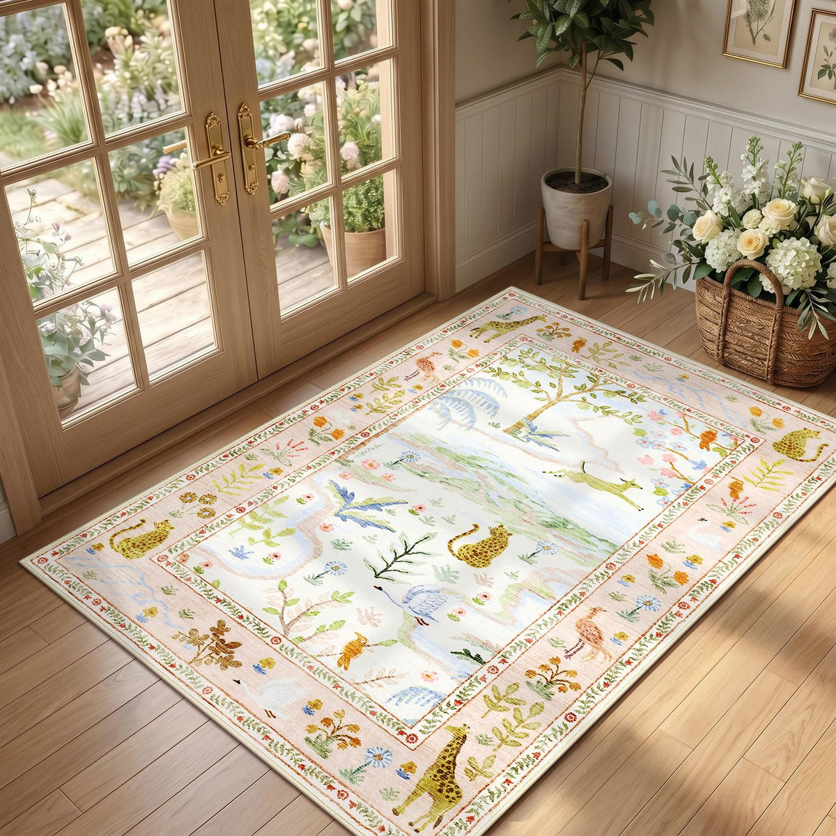 Washable Area Rug 5x7 Green Animal Print Rugs for Nursery Non Slip Stain Resistant Forest Fairy Tale Throw Carpet Low Pile Whimsical Safari Area Rugs for Entryway Girls Bedroom Dining Room, Green