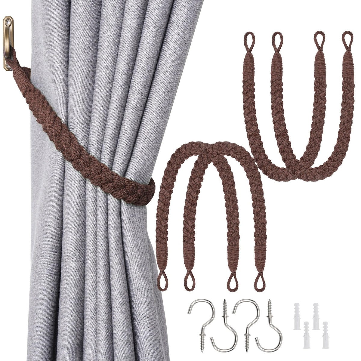 NICEEC 2 Pack Natural Cotton Rope Curtain Tiebacks Elegant Boho Style Decorative Drape Tie Backs Soft Hand-Woven Rope Curtain Holdbacks with Metal Hook for Home & Office Drapery (Coffee)