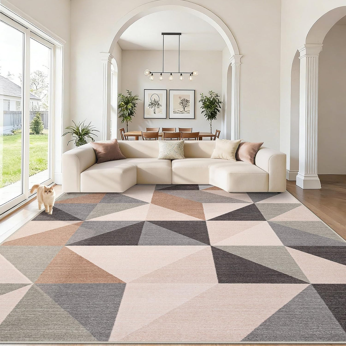 Washable Rug 8x10 Area Rugs: Modern Geometric Area Rug for Living Room Non-Slip Neutral Soft Carpet Low Pile Stain Resistant Indoor Rugs for Bedroom Nursery Dining Room Office (Beige Brown, 8'X10')